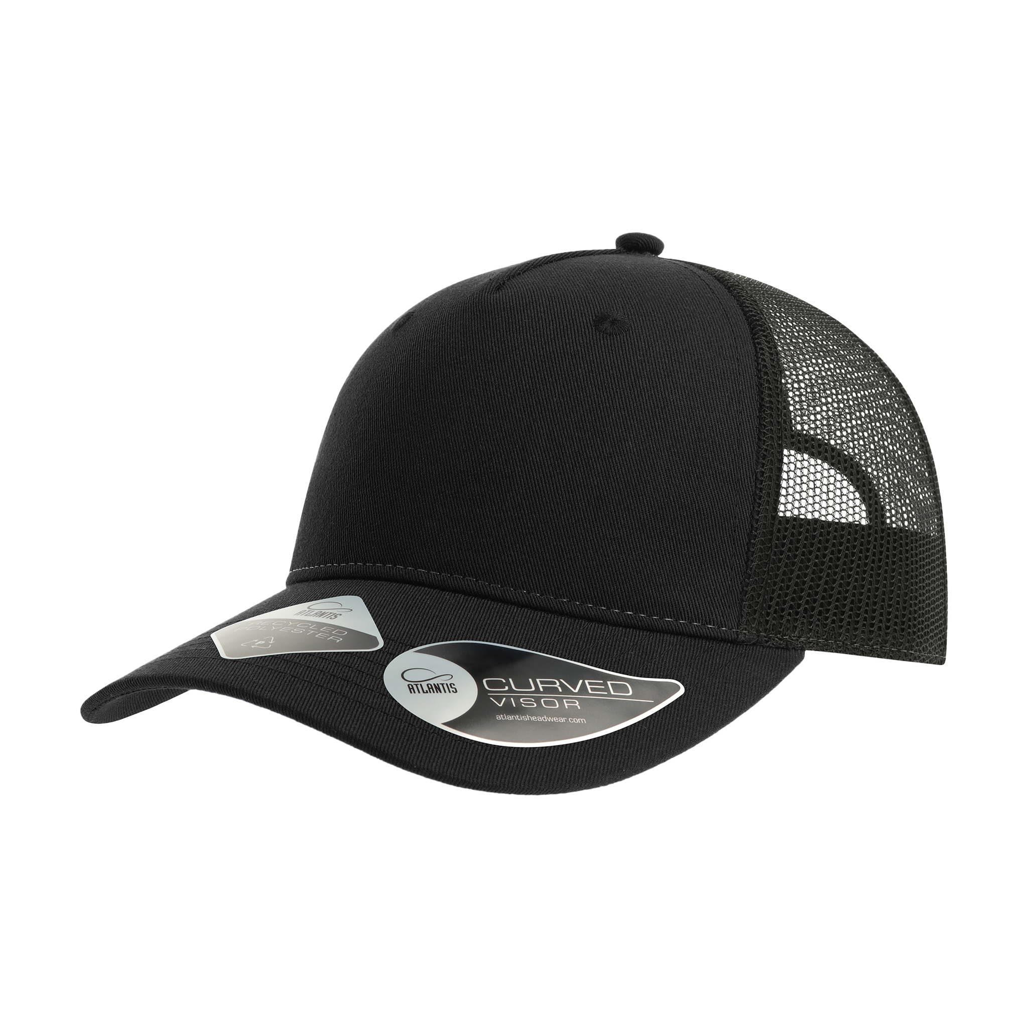 Atlantis Trucker cap in black with adjustable strap and mesh back, stylish and comfortable for casual wear.