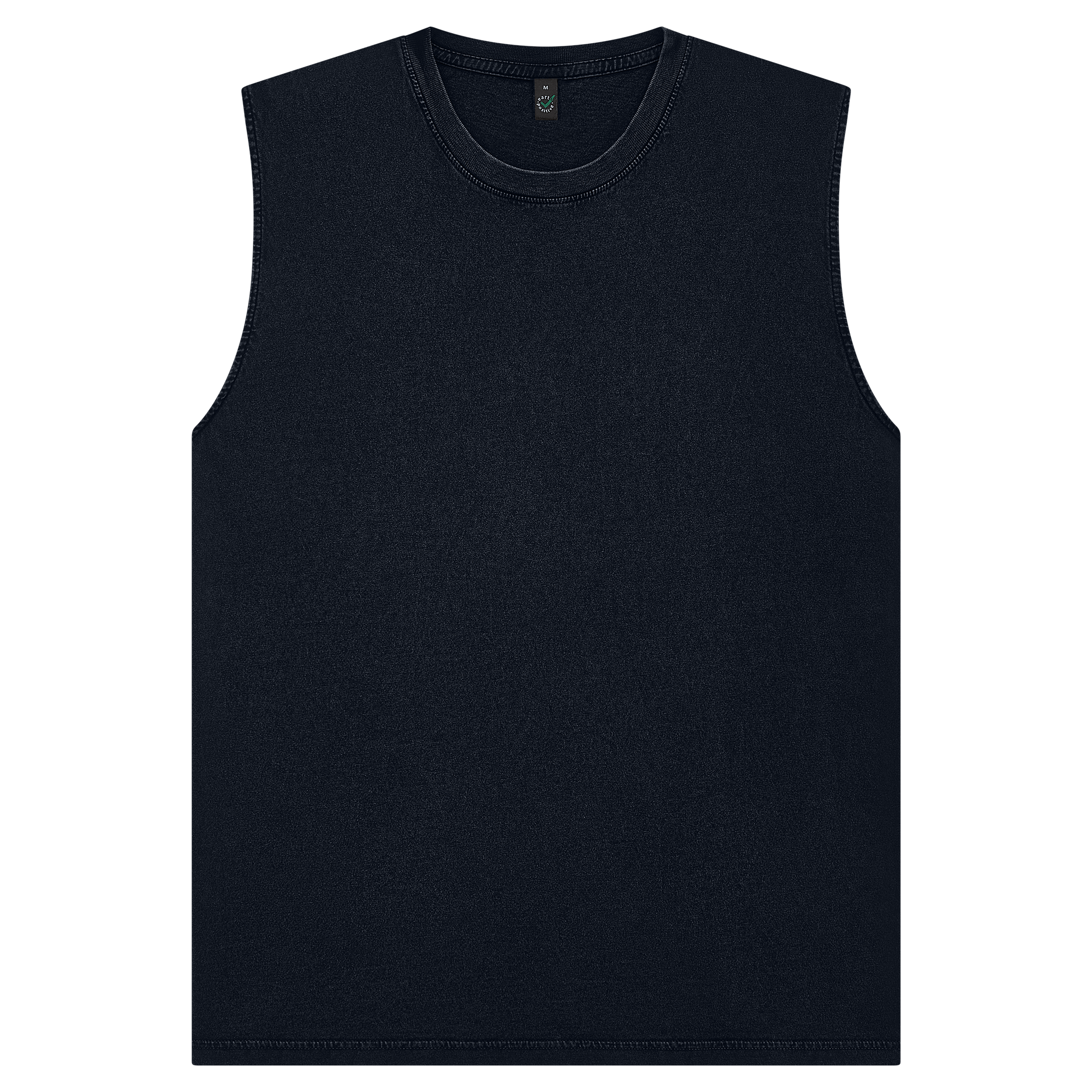 Earth Positive® EP01S sleeveless T-shirt in black shown from the front, featuring a classic crew neck and clean design.