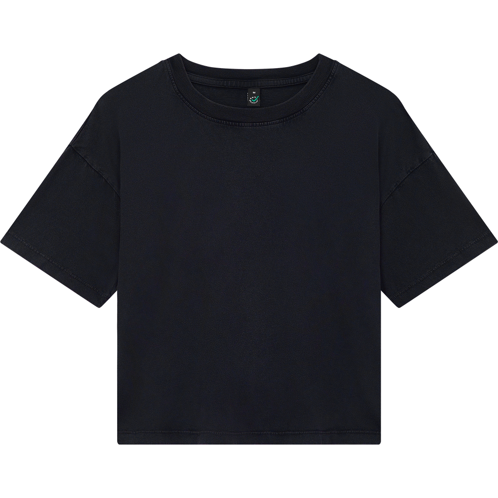 Earth Positive® women's premium boxy T-shirt in black, front view showing soft fabric and relaxed fit.