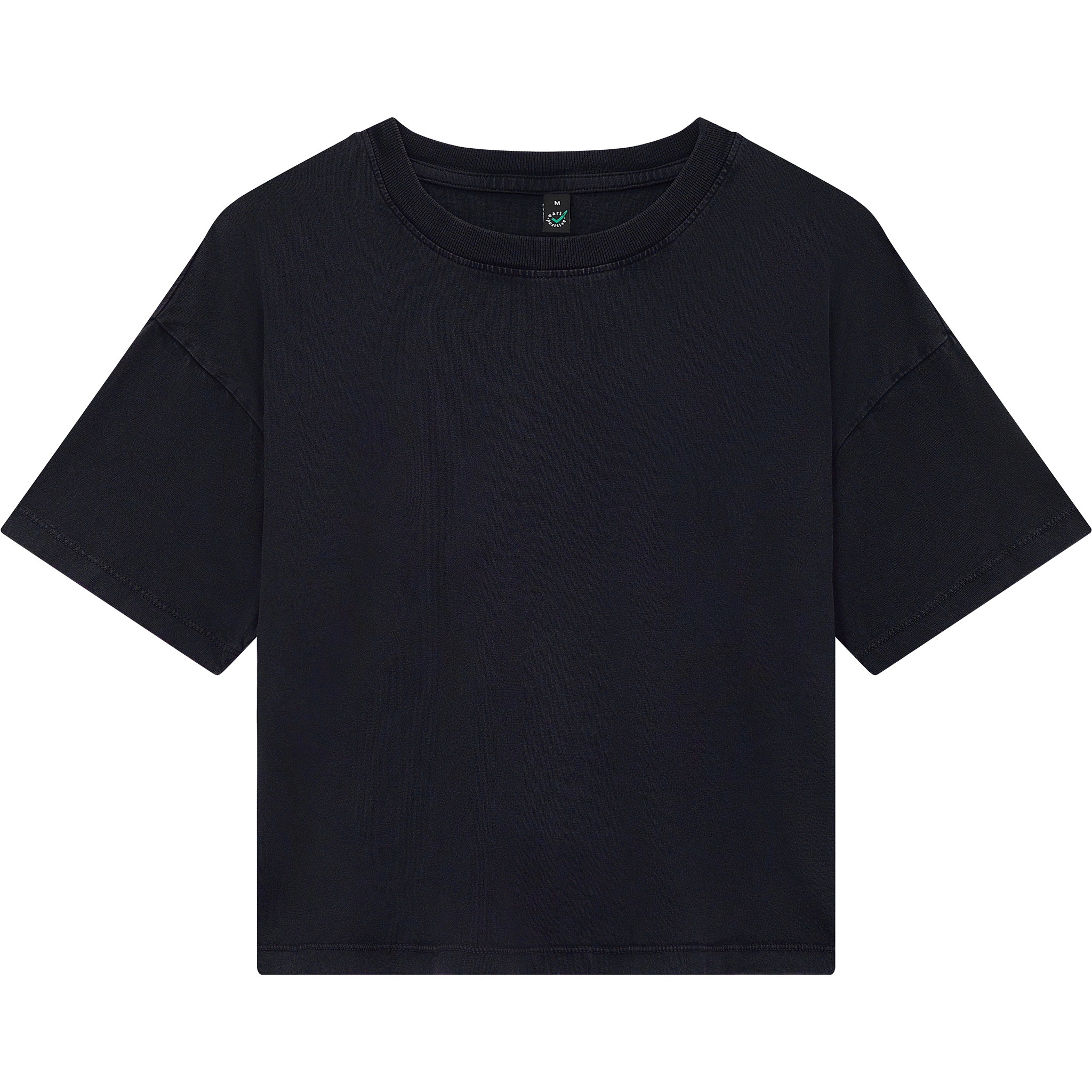 Earth Positive® women's premium boxy T-shirt in black, front view showing soft fabric and relaxed fit.
