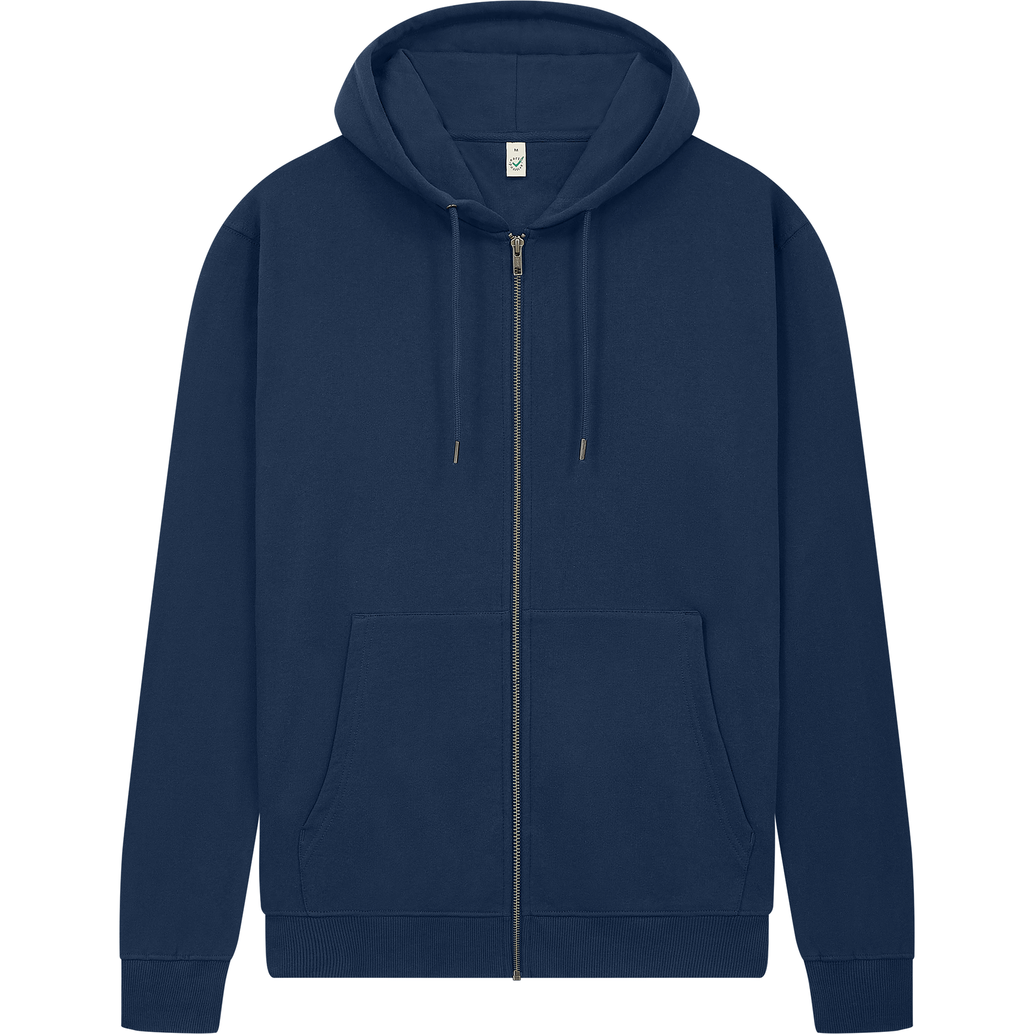 Earth Positive® EP303 full zip hoodie in natural color, front view showing the stylish hoodie with full zipper and logo detail.