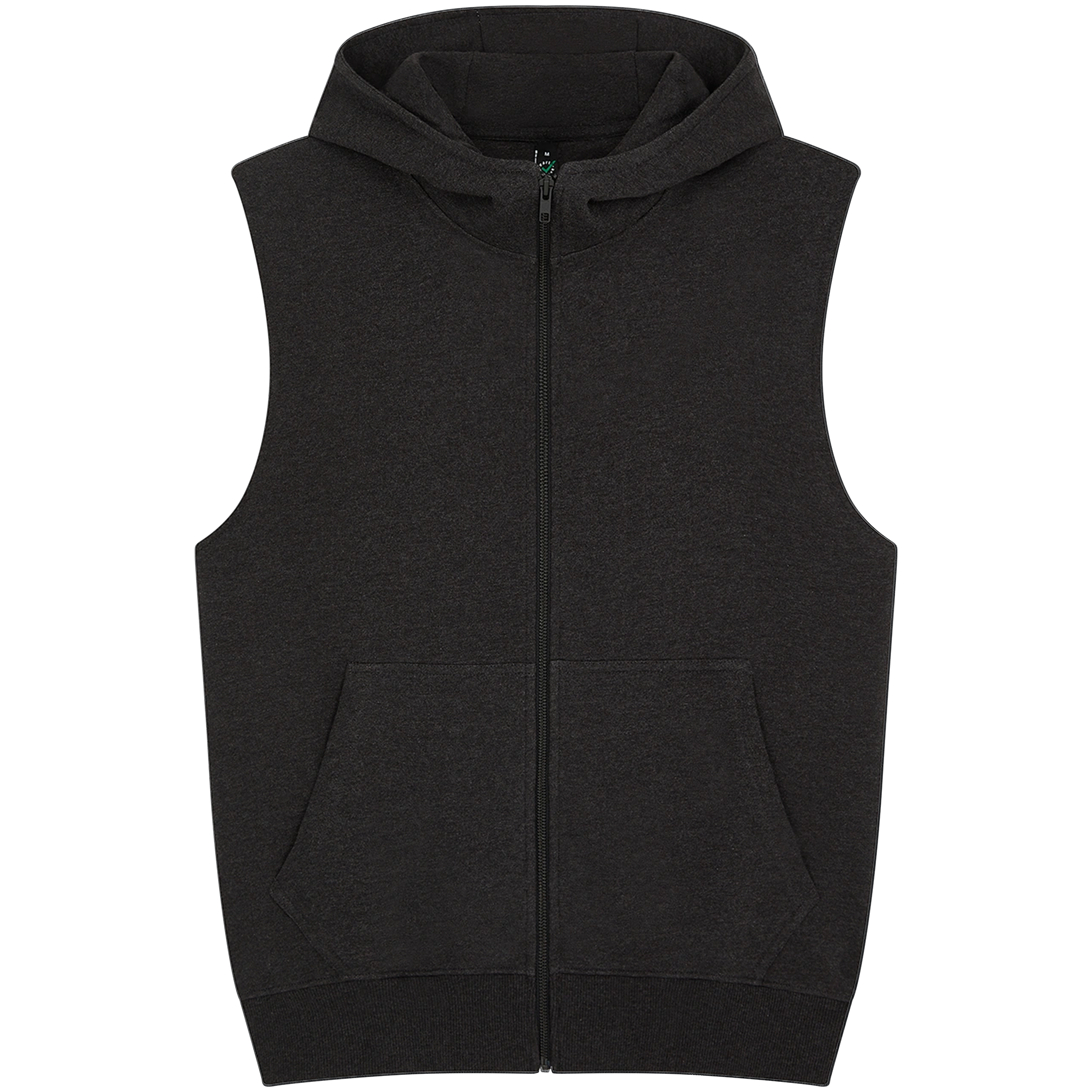 Earth Positive® EP309 sleeveless full zip hoodie in black, front view showcasing the minimalist design and lightweight fabric.