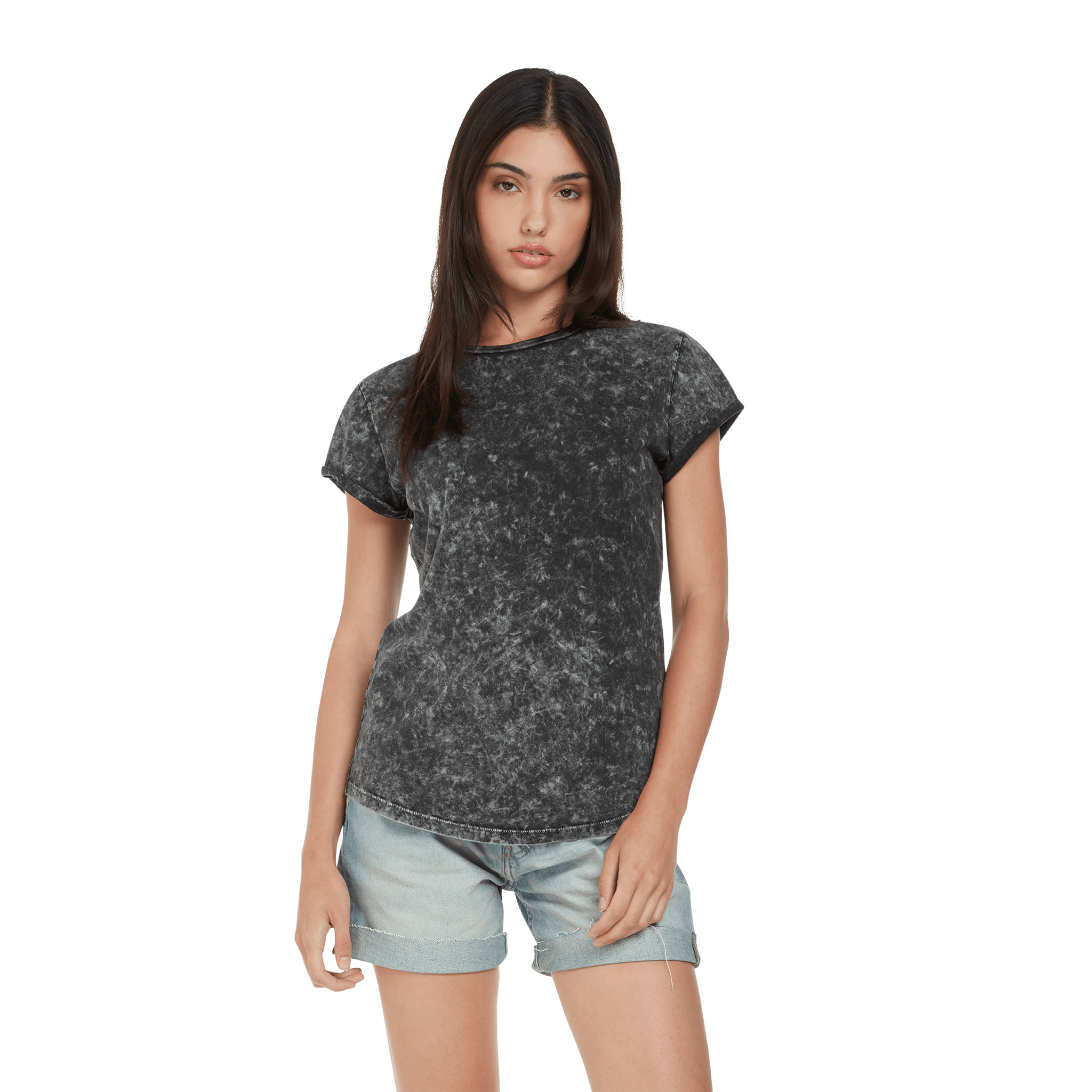 Earth Positive® women’s rolled sleeve T-shirt in organic cotton, featuring a casual fit and soft fabric, shown on a model.
