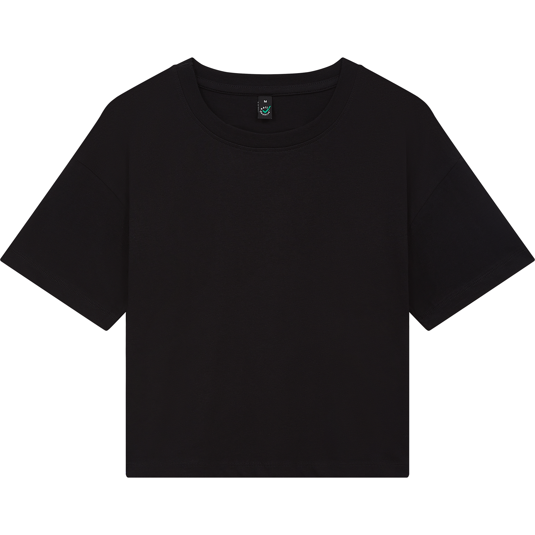 Earth Positive® women's premium boxy T-shirt in black, front view showing classic crew neck and relaxed fit.