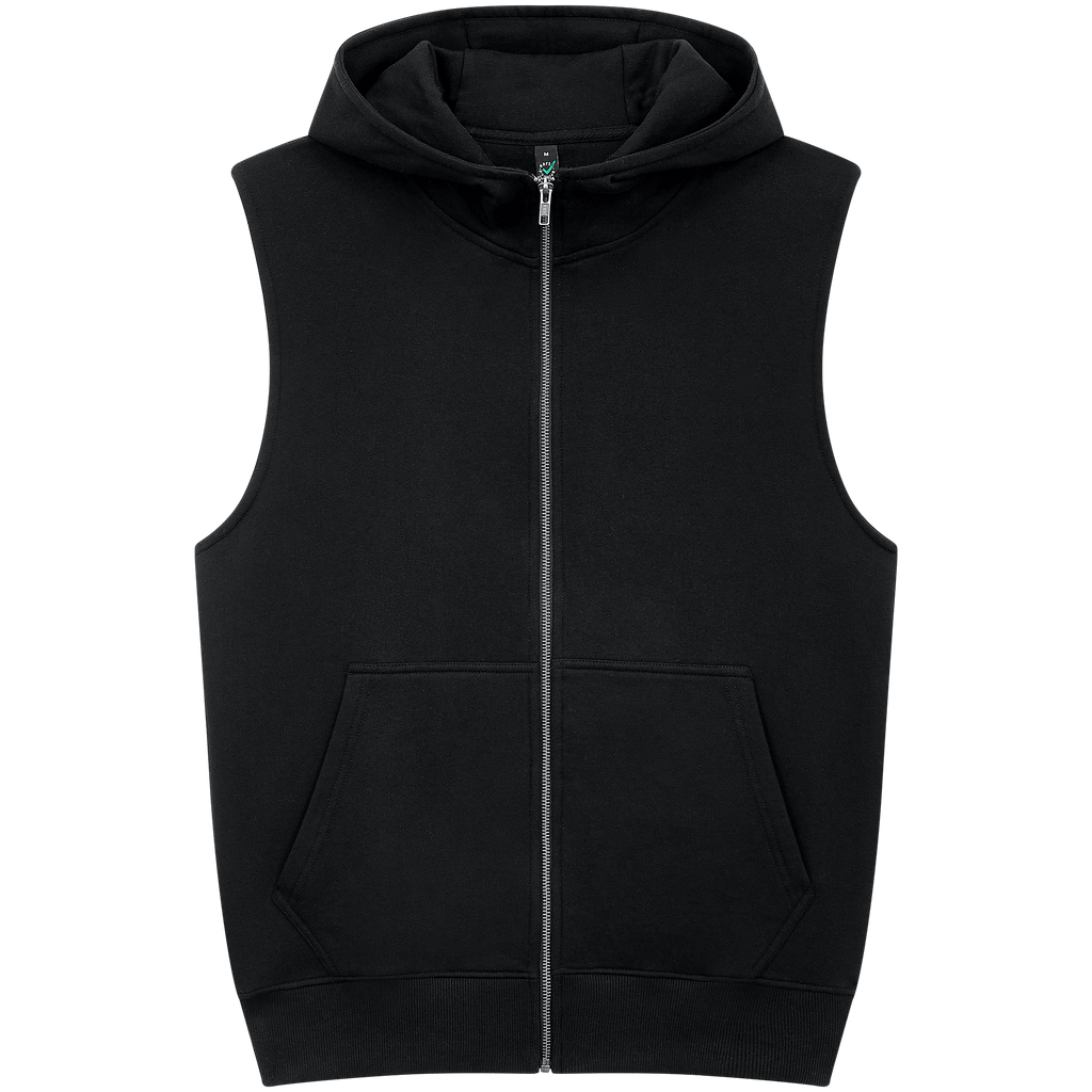Earth Positive® EP309 sleeveless full zip hoodie, front view, lightweight eco-friendly hoodie in black featuring a full zip closure.