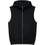 Earth Positive® EP309 sleeveless full zip hoodie, front view, lightweight eco-friendly hoodie in black featuring a full zip closure.