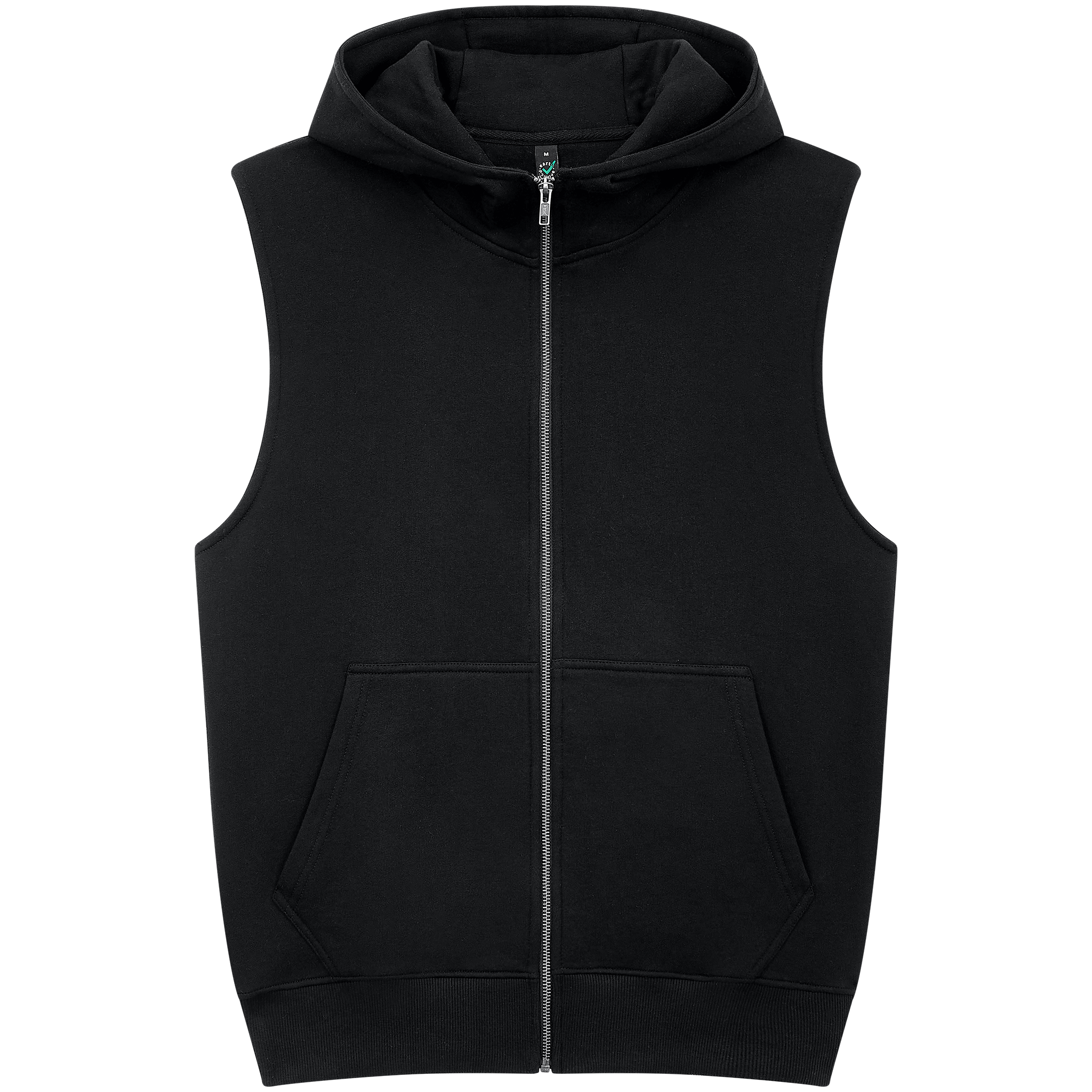 Earth Positive® EP309 sleeveless full zip hoodie, front view, lightweight eco-friendly hoodie in black featuring a full zip closure.
