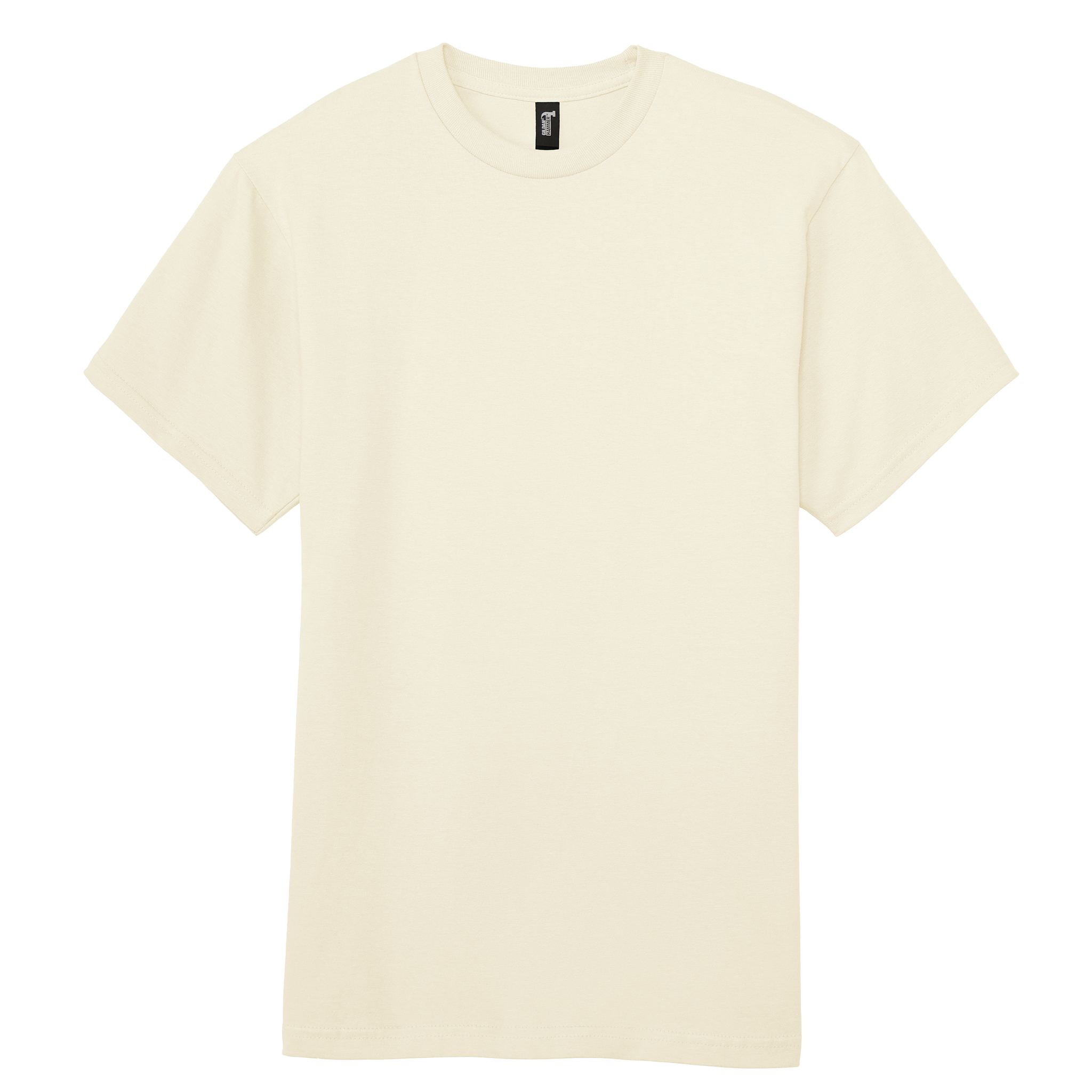 Gildan durable T-shirt in black with crew neck and short sleeves, shown on a plain background.