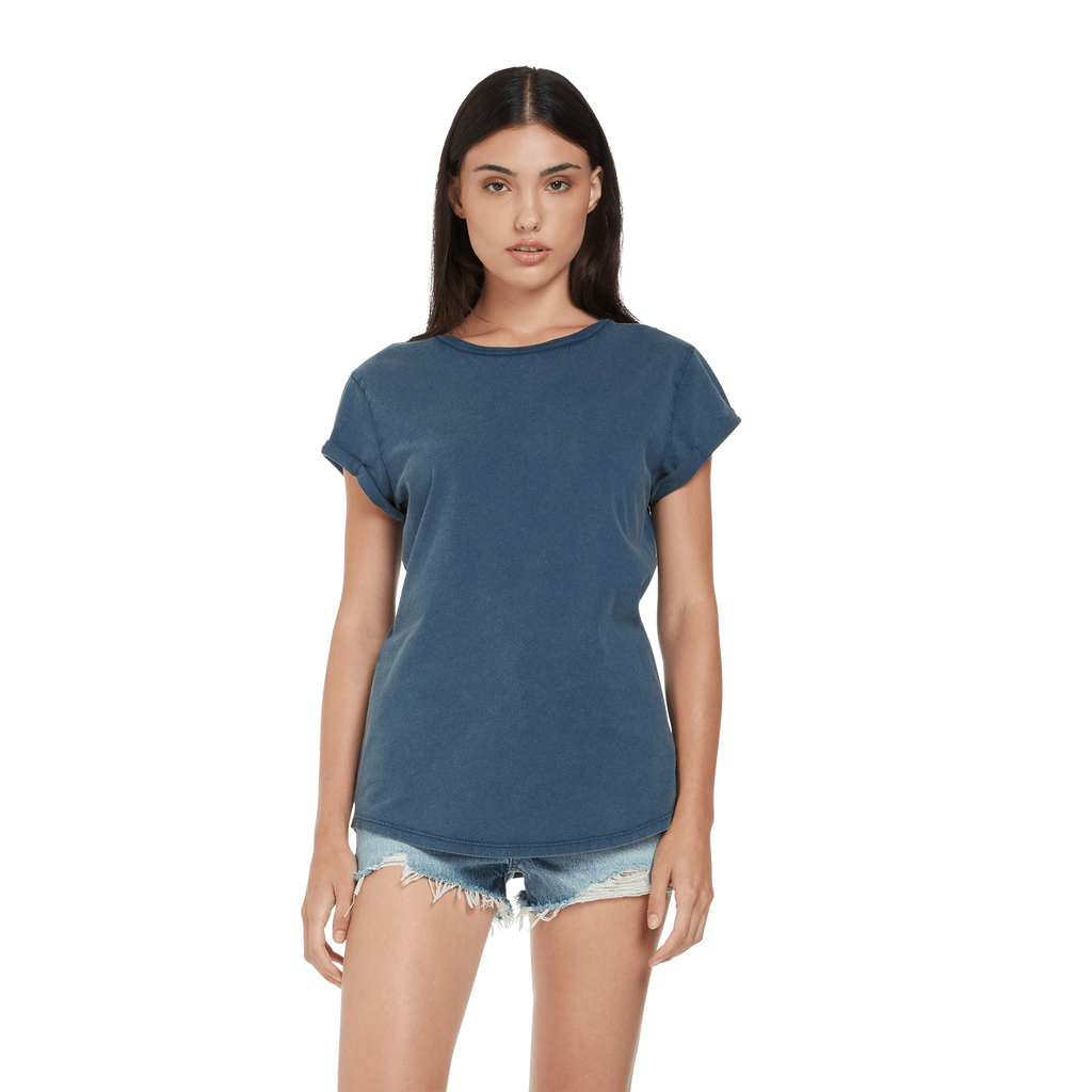 Earth Positive® women's rolled sleeve T-shirt in soft cotton, showing the relaxed fit and rolled cuffs on a model.