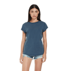 Earth Positive® women's rolled sleeve T-shirt in soft cotton, showing the relaxed fit and rolled cuffs on a model.
