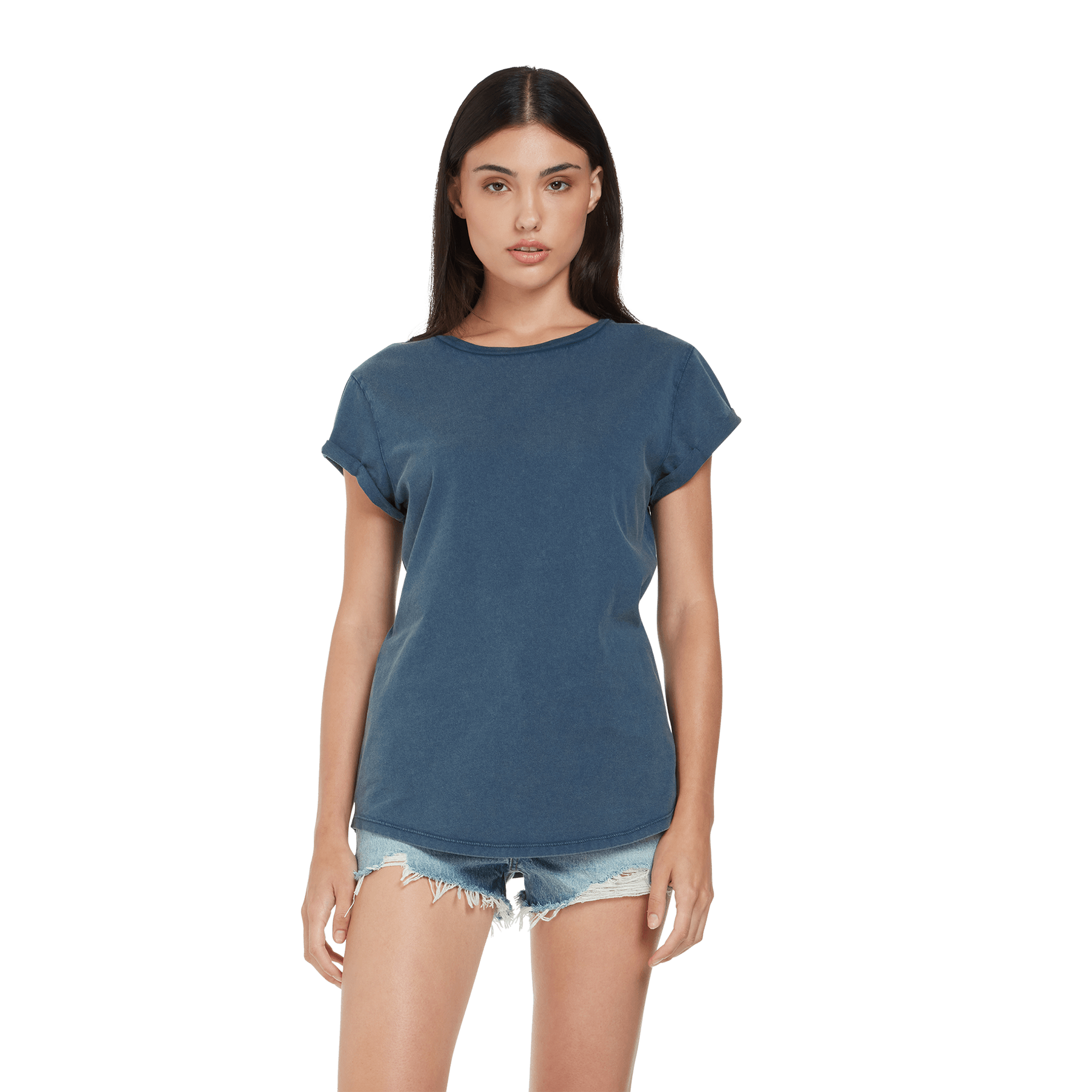 Earth Positive® women's rolled sleeve T-shirt in soft cotton, showing the relaxed fit and rolled cuffs on a model.