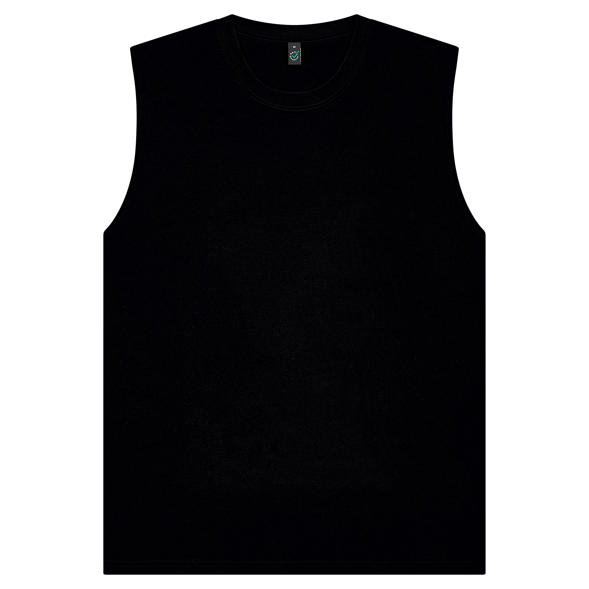 Earth Positive® EP01S sleeveless T-shirt in black, front view showing soft fabric and classic fit.