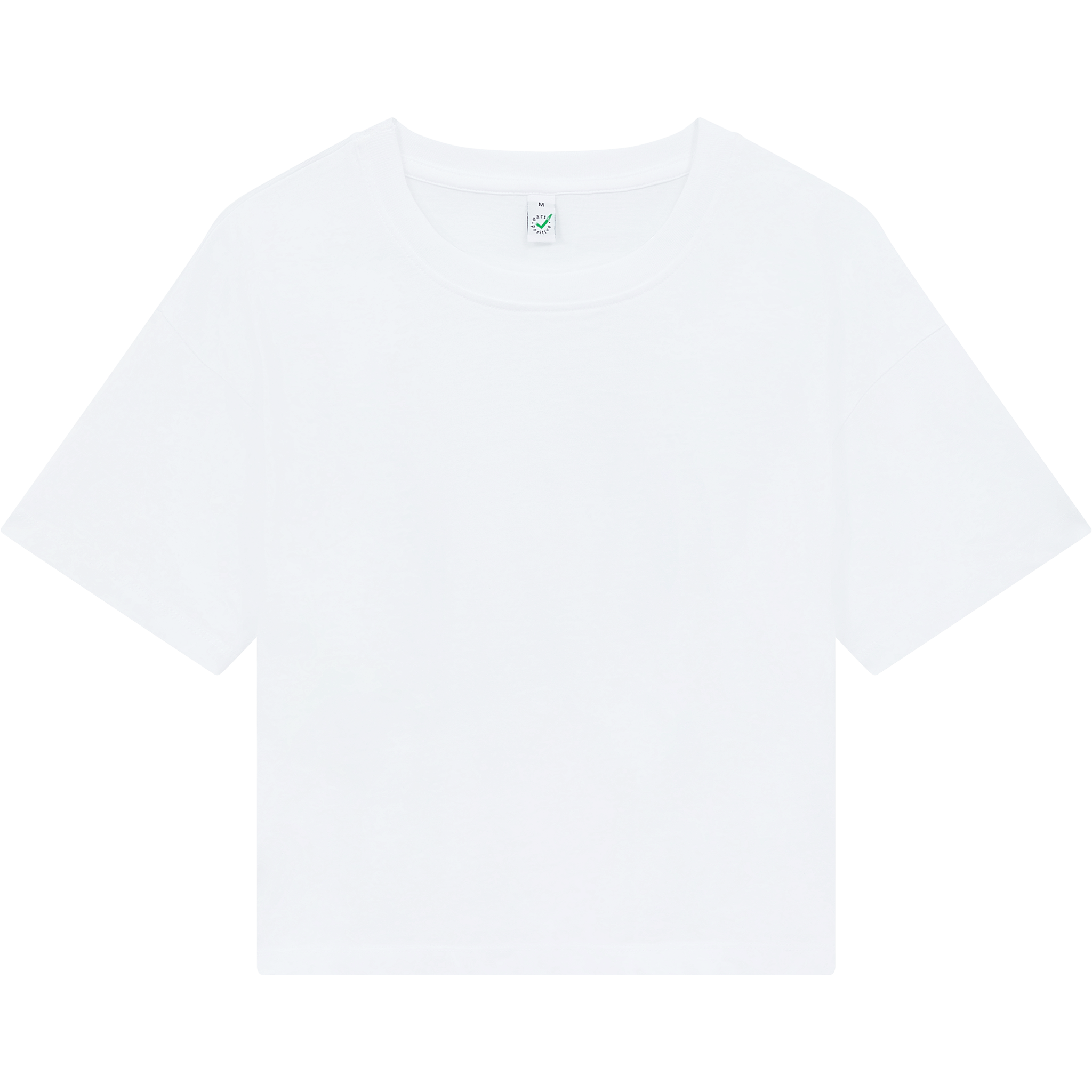 Earth Positive® women's premium boxy T-shirt in white, front view showcasing the relaxed fit and soft cotton fabric.