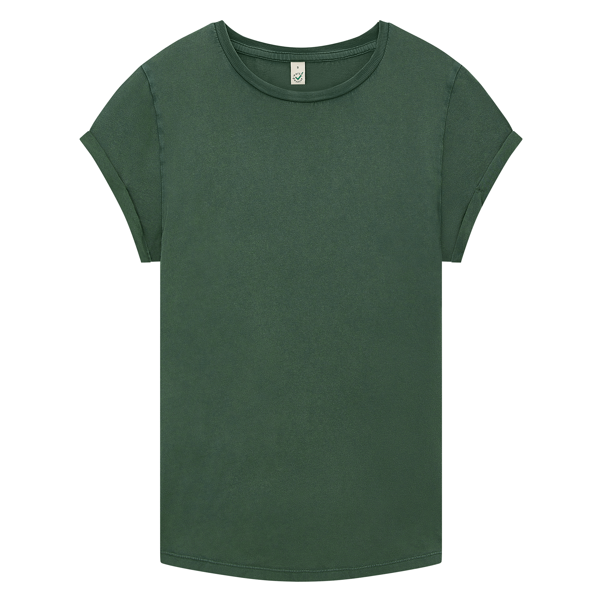 Earth Positive® women’s rolled sleeve T-shirt in heather grey, featuring a classic crew neck and casual rolled sleeves.