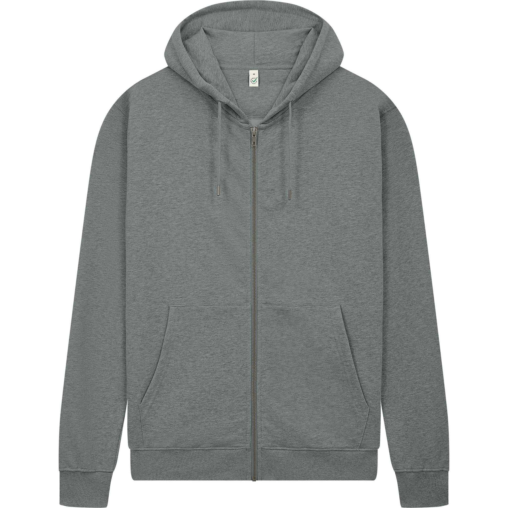 Earth Positive® EP303 full zip hoodie, front view, soft cotton fabric in heather gray with EP branding on the chest.