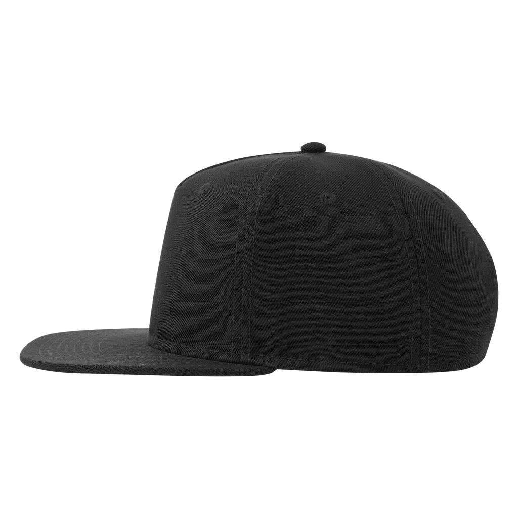 Atlantis Snap Five-S premium snapback cap, side view showing black design with logo embroidery, adjustable brim, stylish accessory