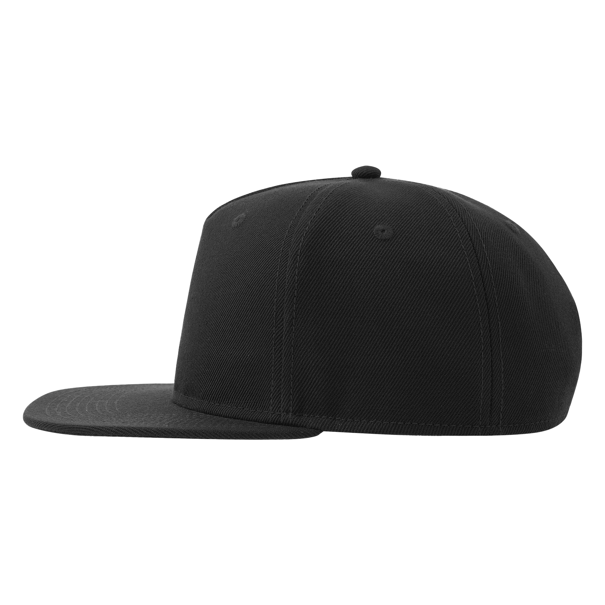 Atlantis Snap Five-S premium snapback cap, side view showing black design with logo embroidery, adjustable brim, stylish accessory