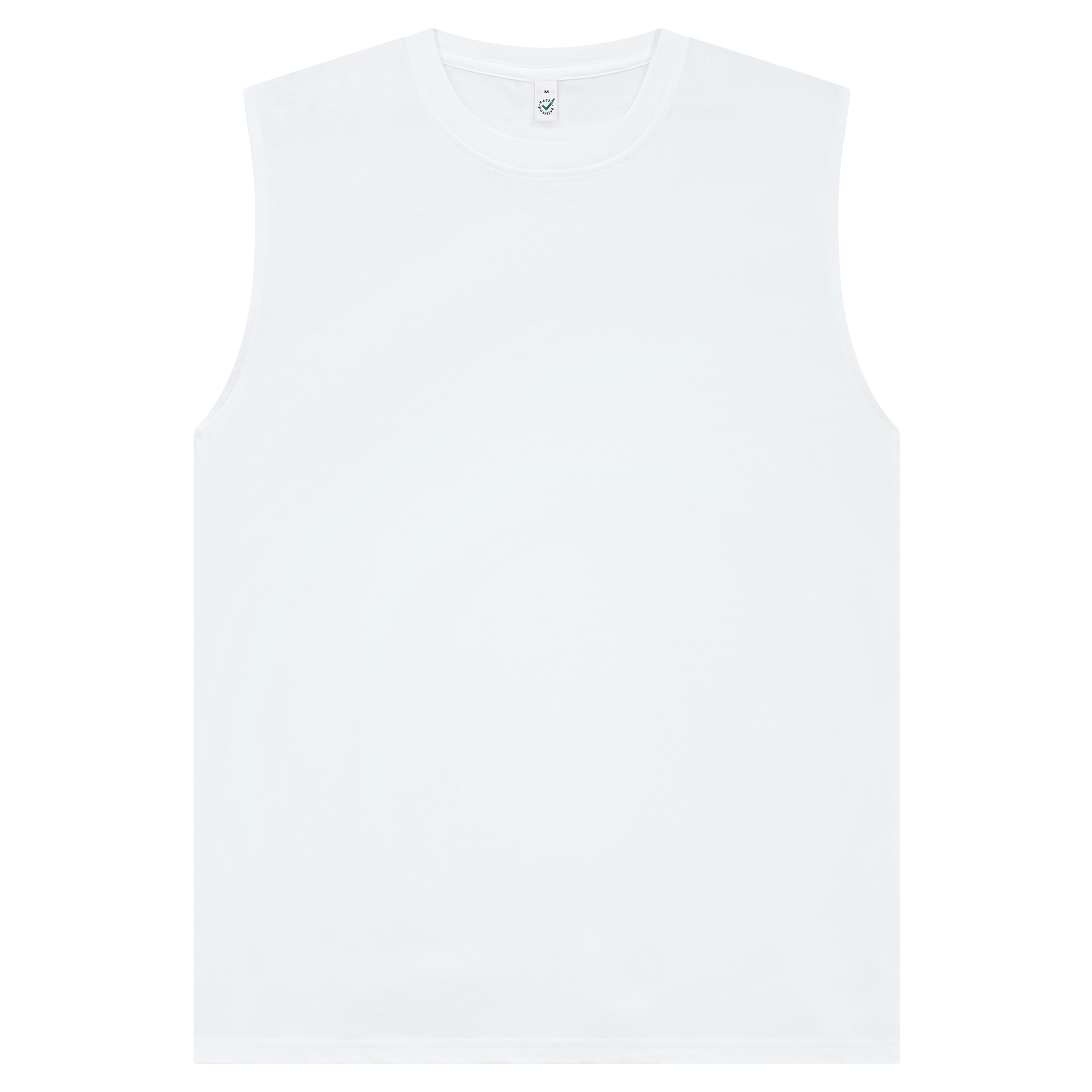 White Earth Positive® EP01S sleeveless T-shirt with crew neck, front view showing soft cotton fabric and simple design.