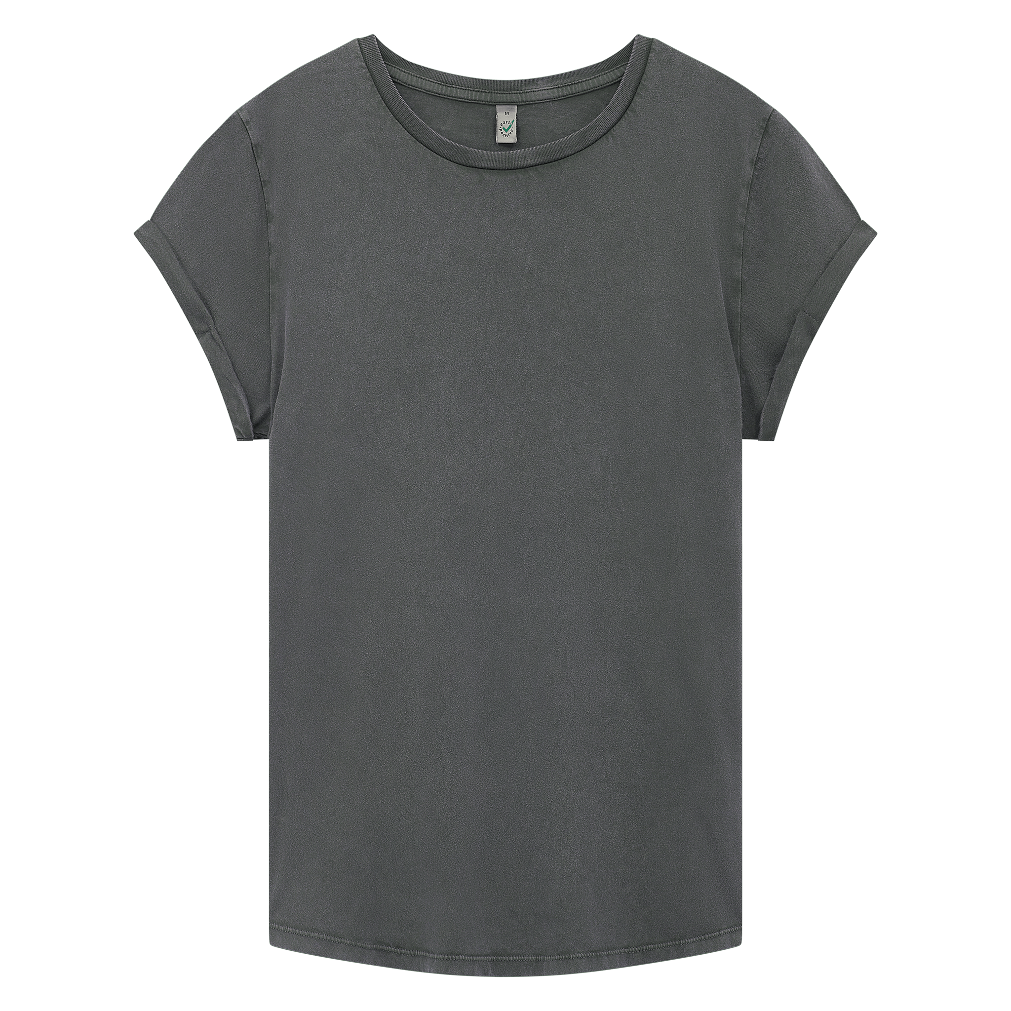 Earth Positive® women's rolled sleeve T-shirt in grey with front logo, casual organic cotton T-krekls by EP.