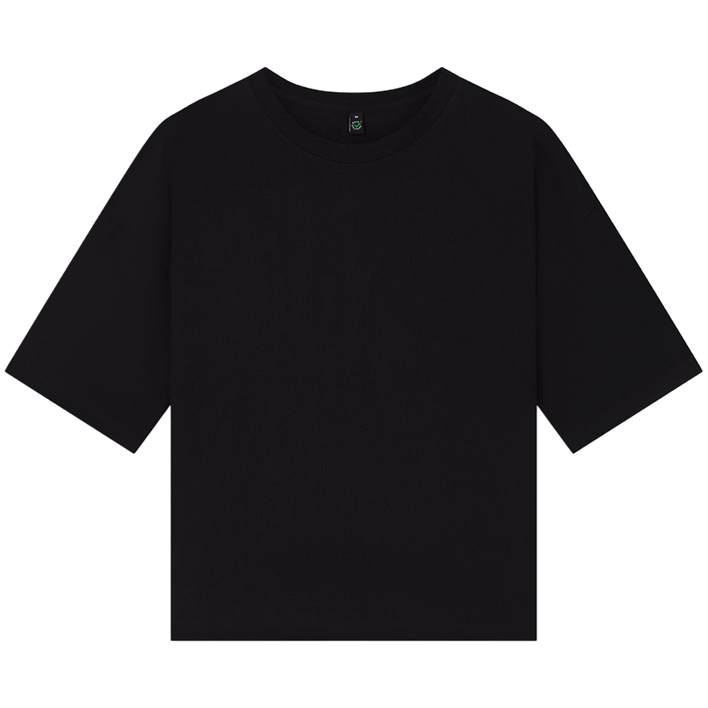 Earth Positive® women's heavy boxy T-shirt in navy front view, organic cotton, casual fit, soft fabric, sustainable fashion.