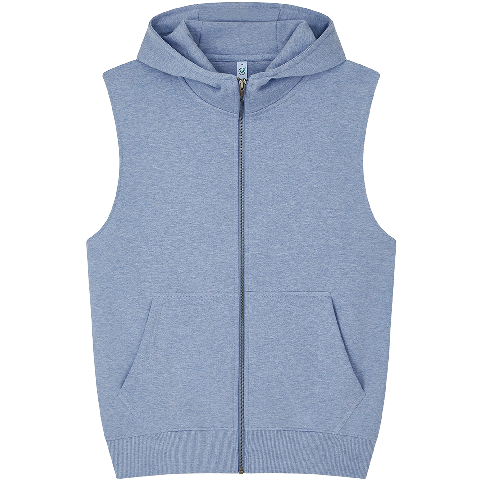 Earth Positive® Sleeveless Full Zip Hoodie EP309, front view, showcasing the lightweight, eco-friendly hoodie with zipper and sleeveless design.