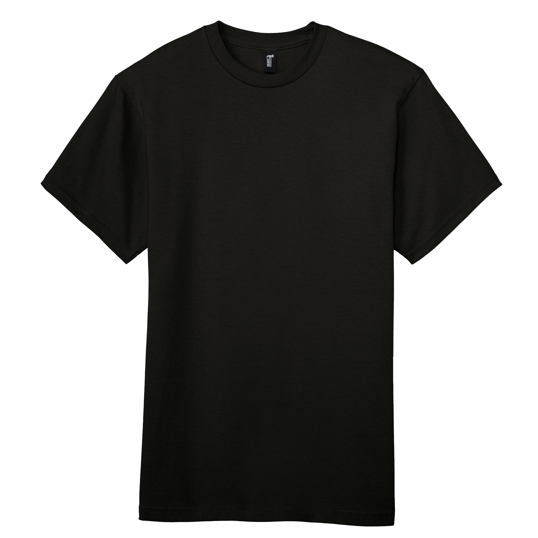 Gildan durable T-shirt in black, front view showcasing classic crew neck and smooth fabric texture.