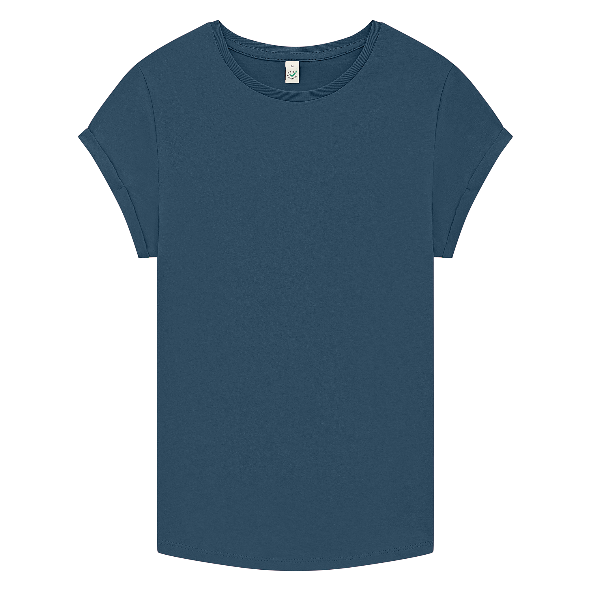 Earth Positive® women's rolled sleeve T-shirt featuring a front view, soft fabric, and casual fit in natural colors.