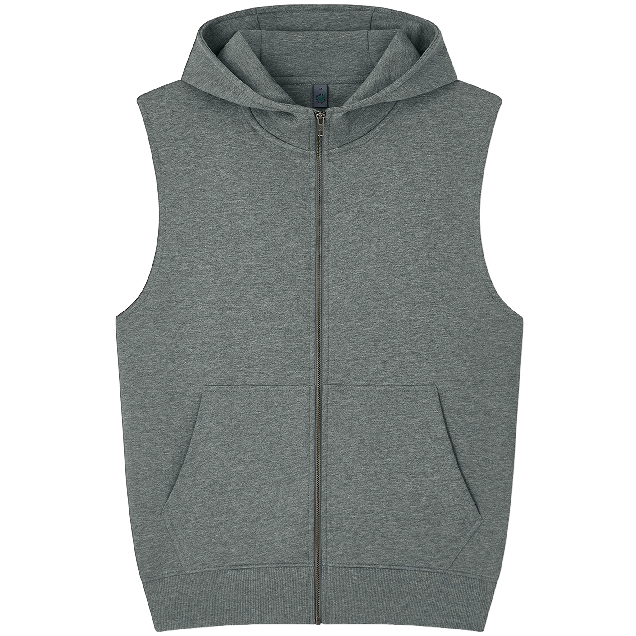 Earth Positive® sleeveless full zip hoodie EP309, front view showing the eco-friendly hoodie with zipper and sleeveless design.