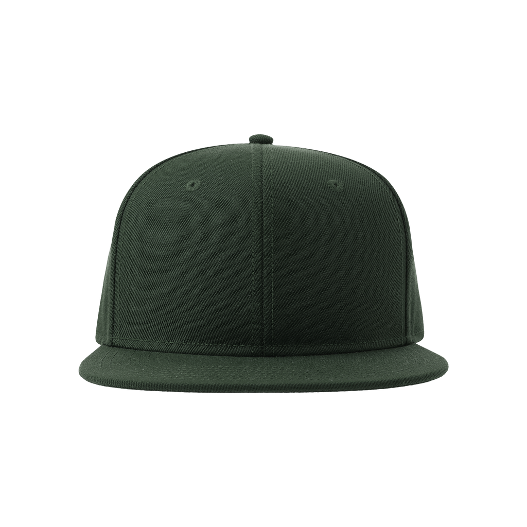 Atlantis premium snapback cap, black with structured brim and adjustable strap, front view showing brand logo on the front panel.