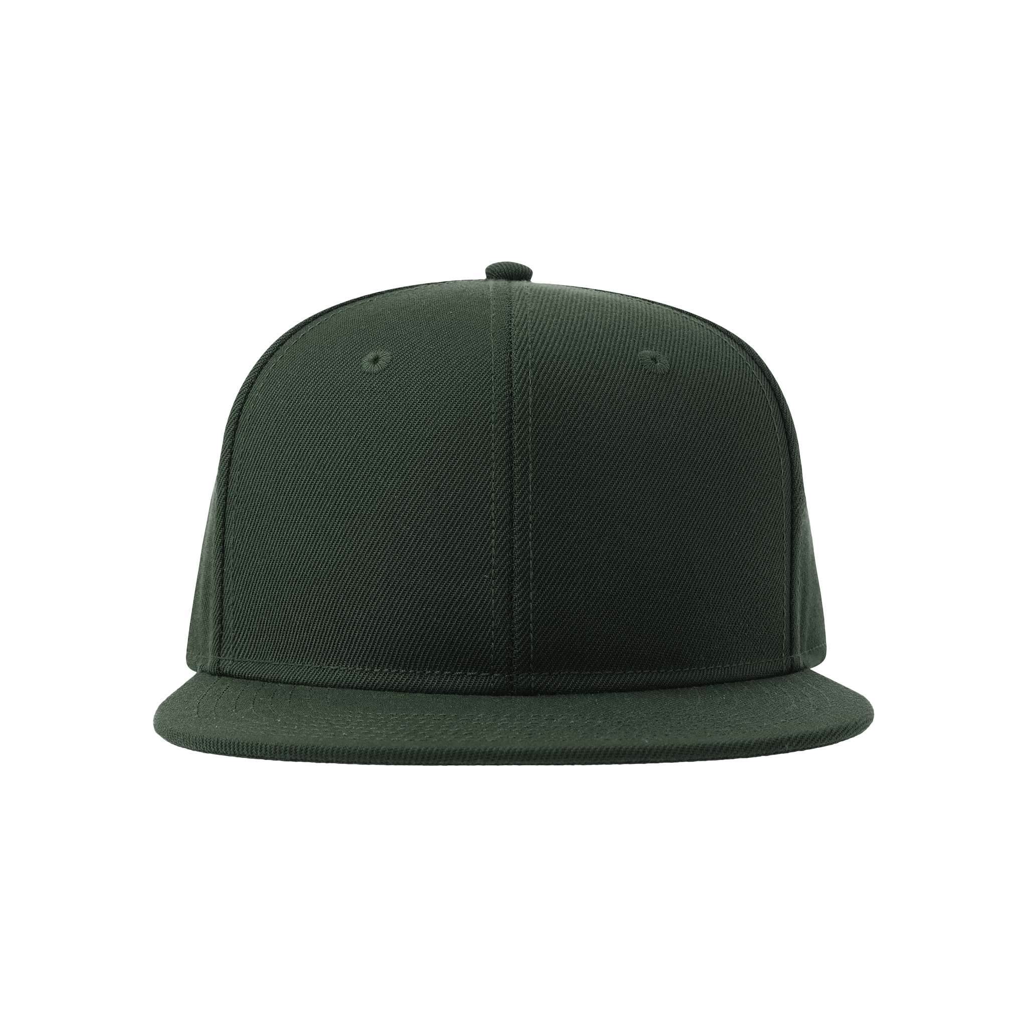 Atlantis premium snapback cap, black with structured brim and adjustable strap, front view showing brand logo on the front panel.