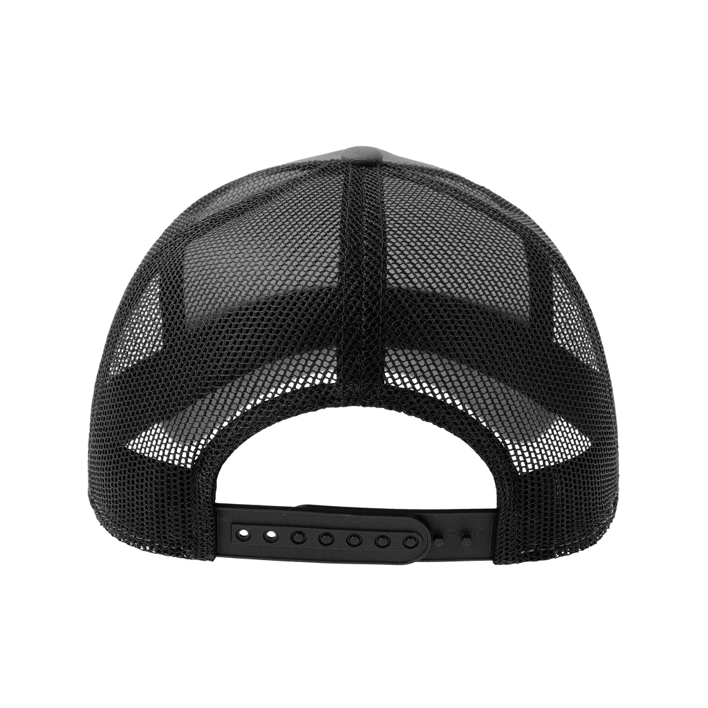 Atlantis Trucker cap in cotton with rapper style design, shown from the back view featuring adjustable strap and logo detail.