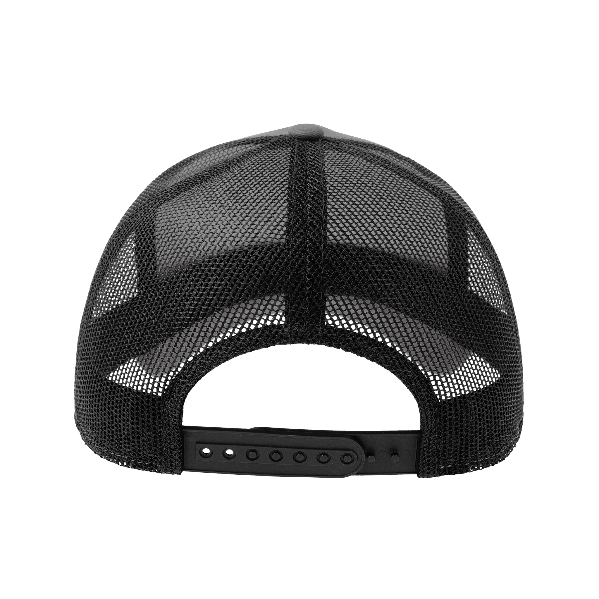 Atlantis Trucker cap in cotton with rapper style design, shown from the back view featuring adjustable strap and logo detail.