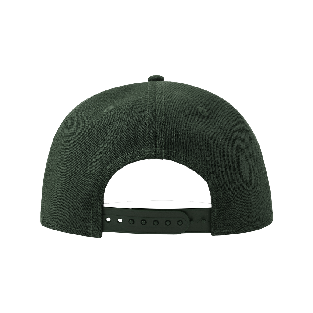 Atlantis premium black snapback cap with adjustable strap, front logo, and flat brim, displayed from the back view.