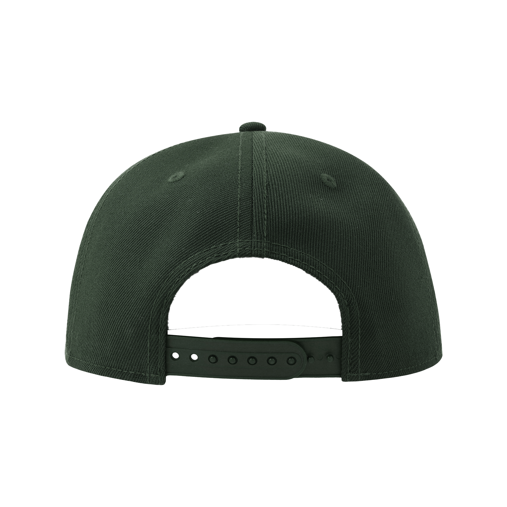 Atlantis premium black snapback cap with adjustable strap, front logo, and flat brim, displayed from the back view.