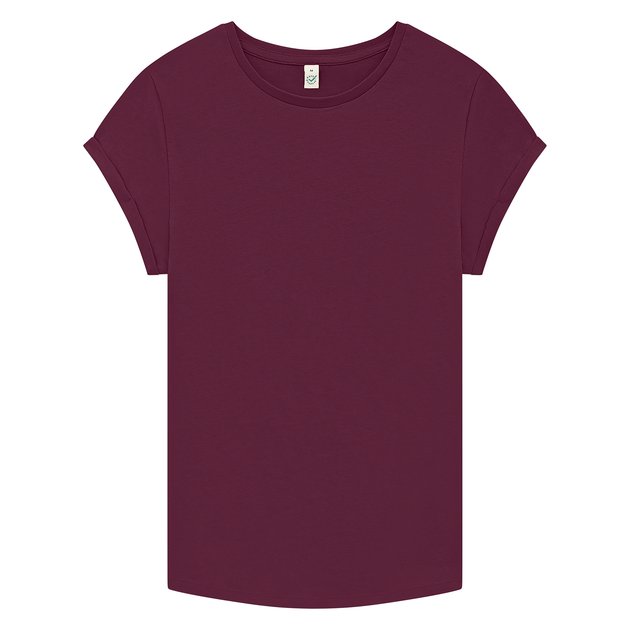 Earth Positive® women’s rolled sleeve T-shirt in soft fabric, front view showing classic fit and eco-friendly design.