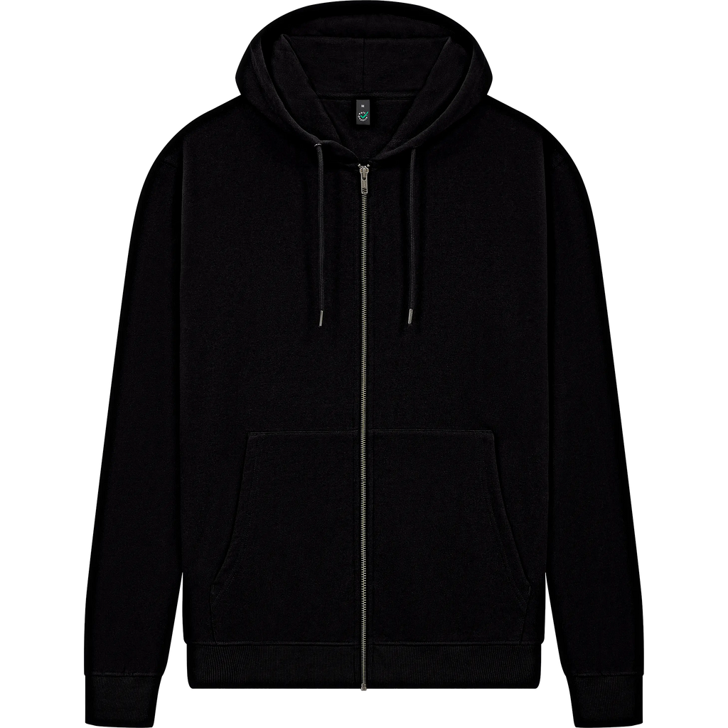 Earth Positive® EP303 full zip hoodie in black, front view showing cozy hood and zipper, made from eco-friendly materials.