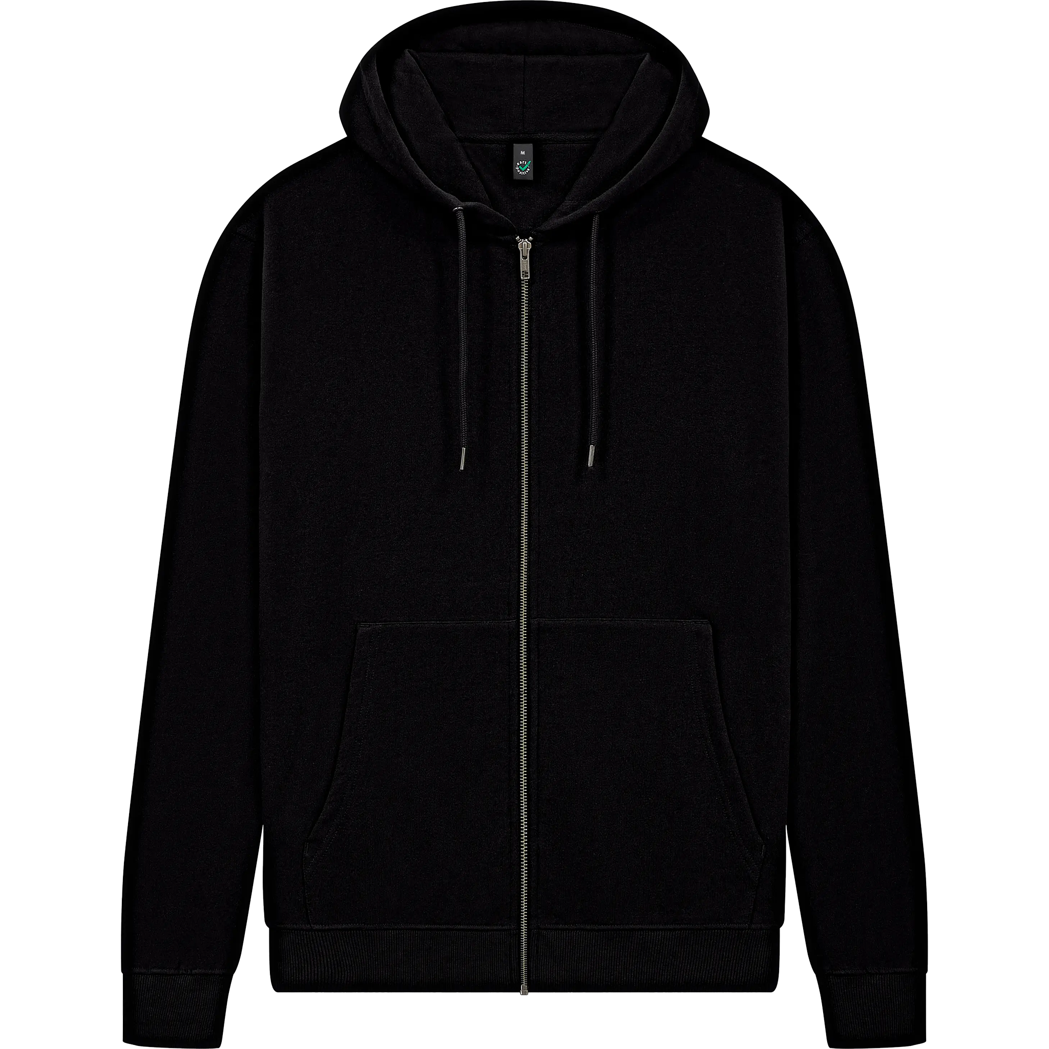 Earth Positive® EP303 full zip hoodie in black, front view showing cozy hood and zipper, made from eco-friendly materials.