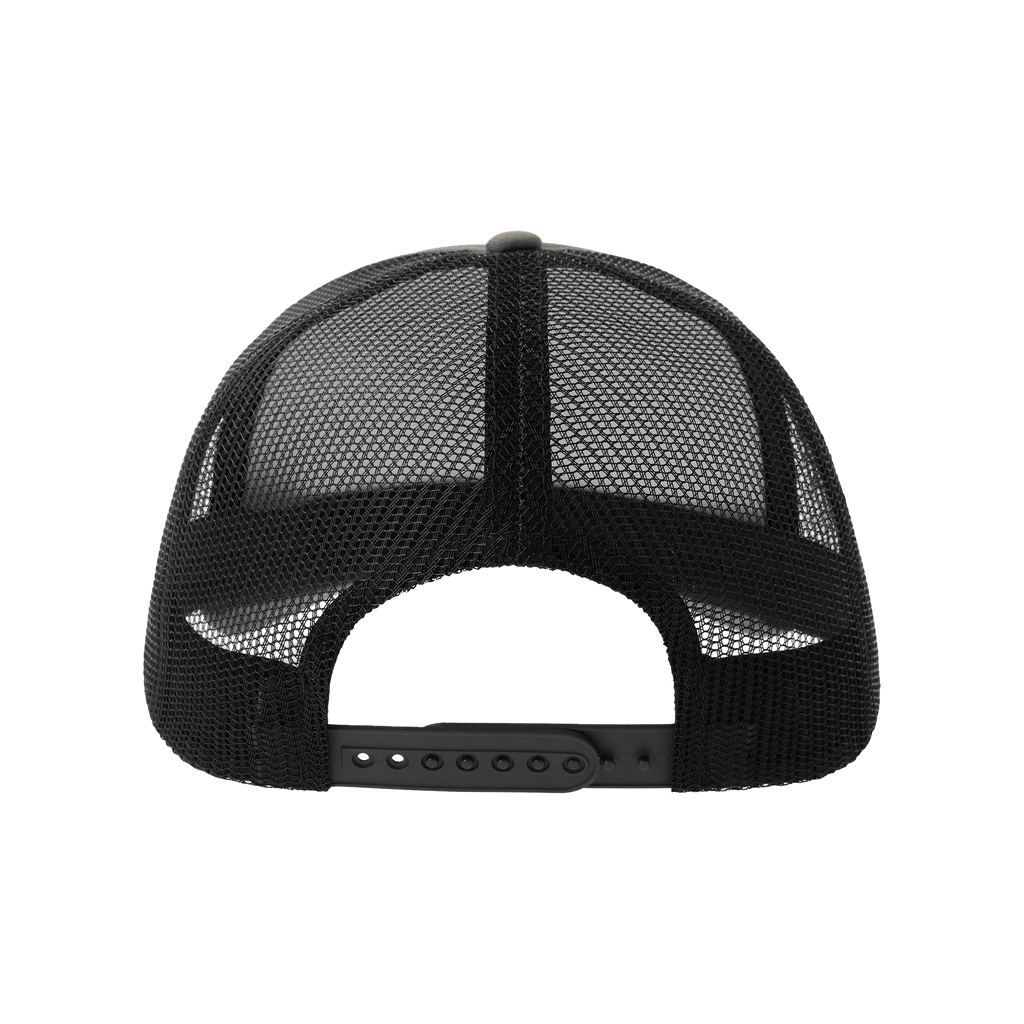 Back view of Atlantis Trucker rap-themed cap featuring adjustable strap and mesh back for ventilation.