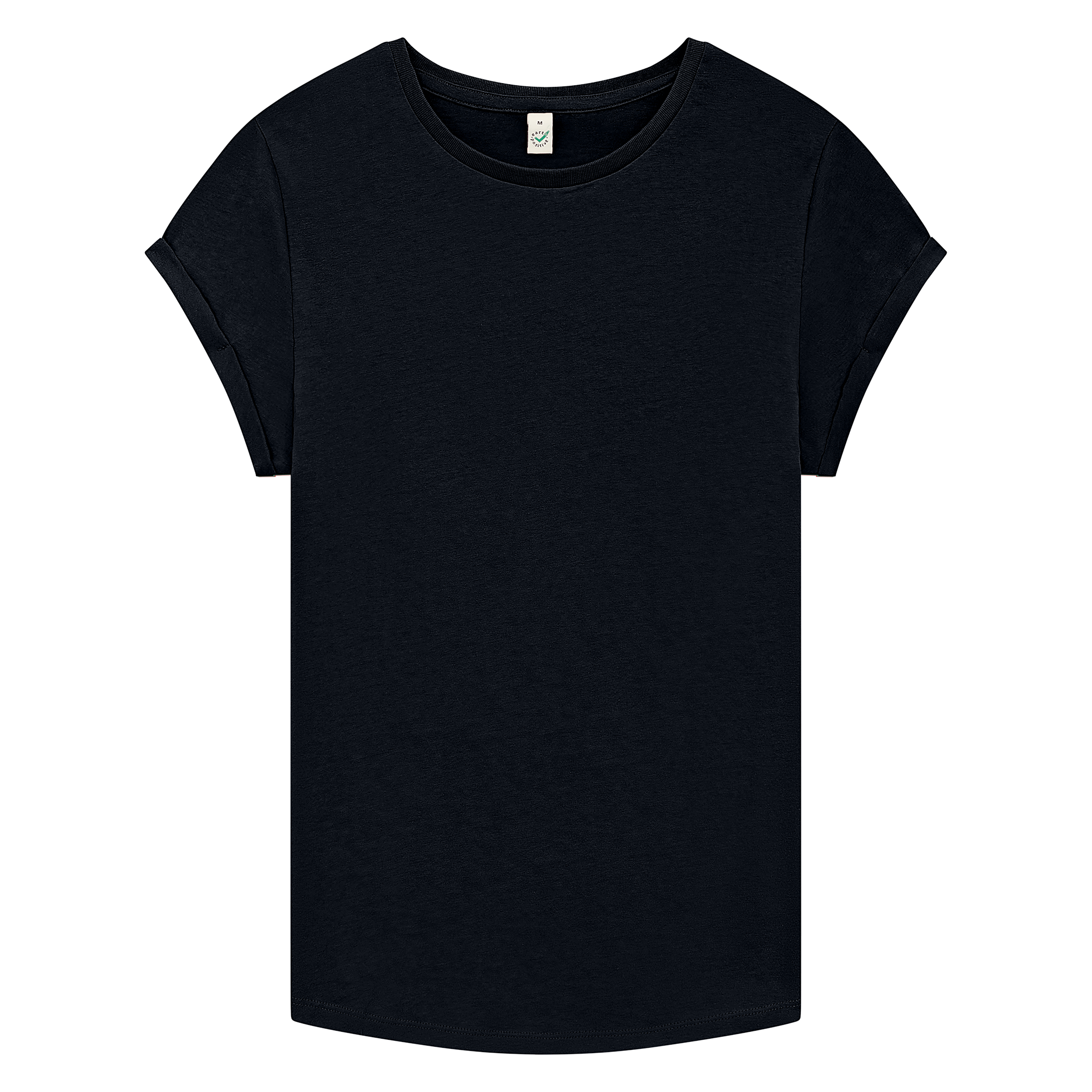 Earth Positive® women's rolled sleeve T-shirt in front view, soft fabric, casual fit, featuring the EP brand logo on the chest.