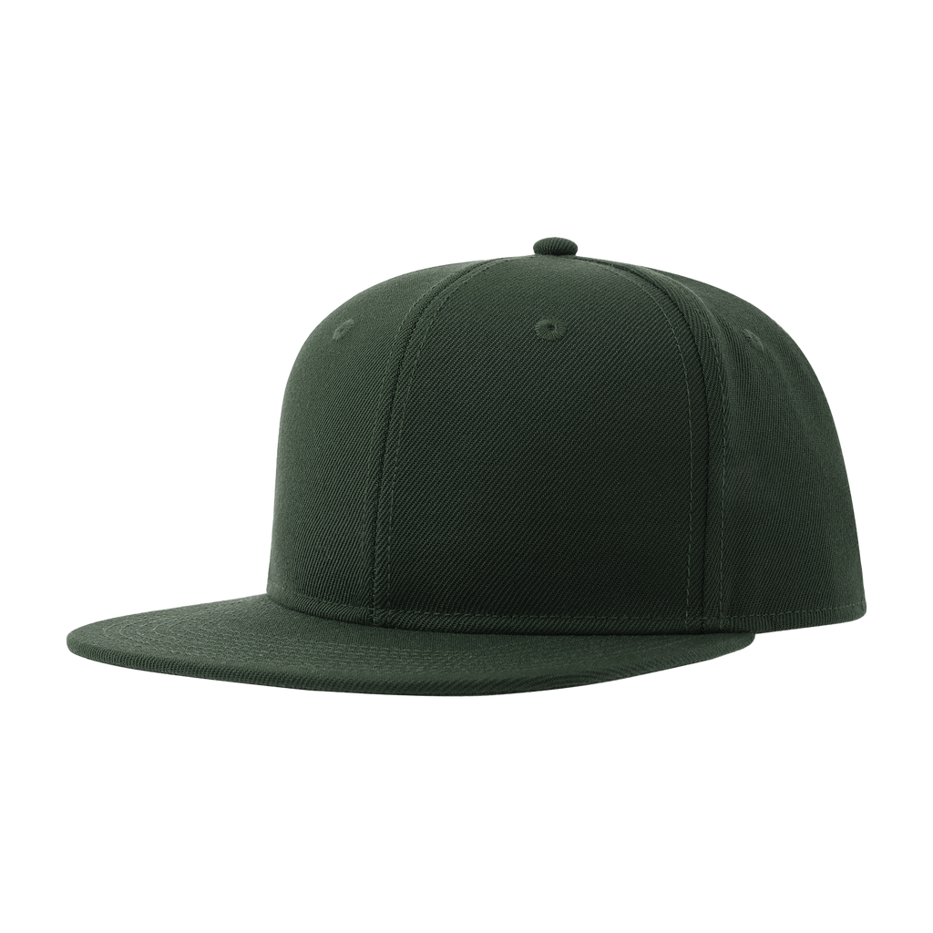 Atlantis premium black snapback cap with adjustable strap and embroidered logo, front view showing detailed stitching.