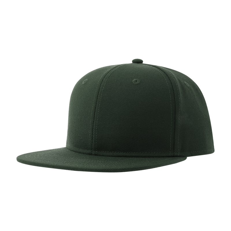 Atlantis premium black snapback cap with adjustable strap and embroidered logo, front view showing detailed stitching.