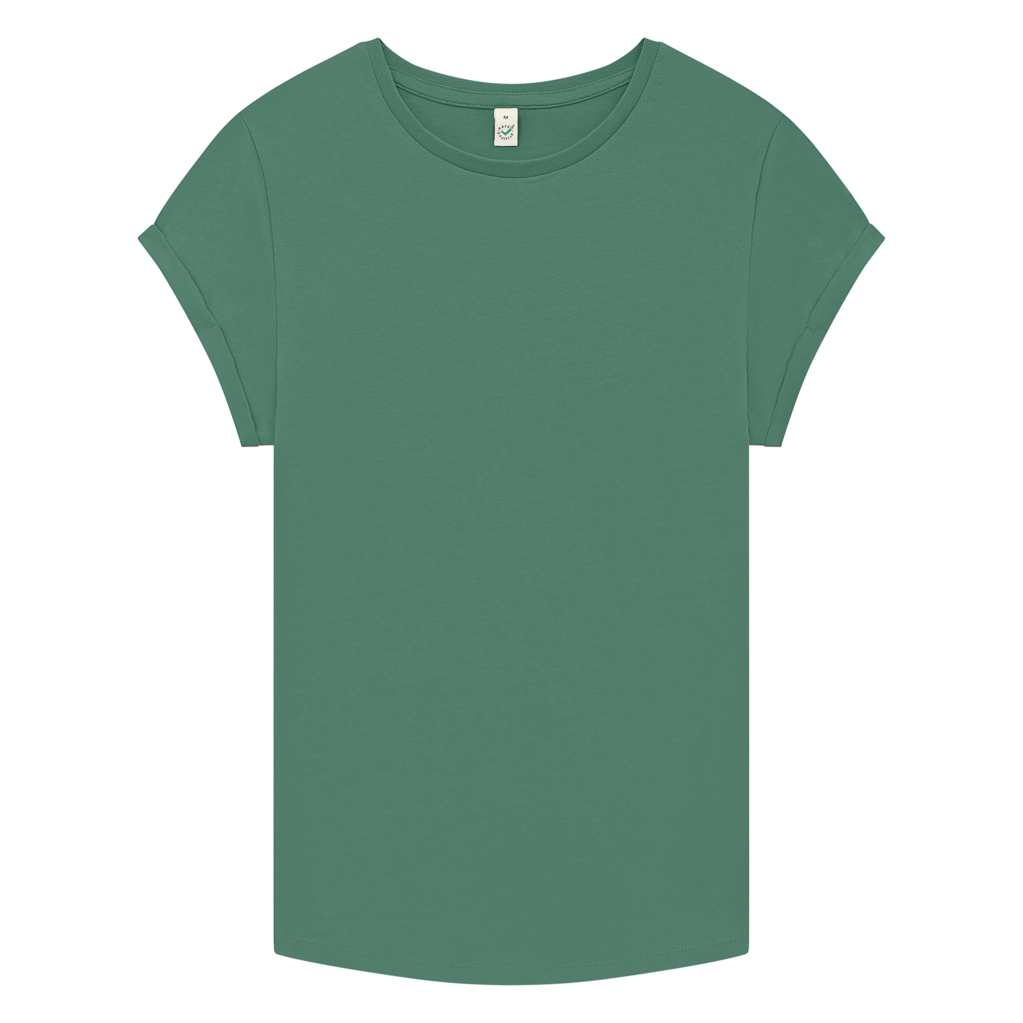 Earth Positive® women's rolled sleeve T-shirt in sage green, front view showing soft fabric and casual fit.