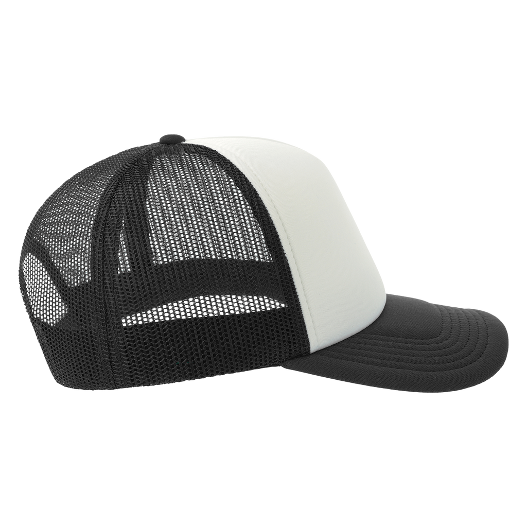 Atlantis Trucker Rapper-S cap shown from side view, featuring a classic trucker style with mesh back and adjustable snap closure.