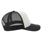 Atlantis Trucker Rapper-S cap shown from side view, featuring a classic trucker style with mesh back and adjustable snap closure.