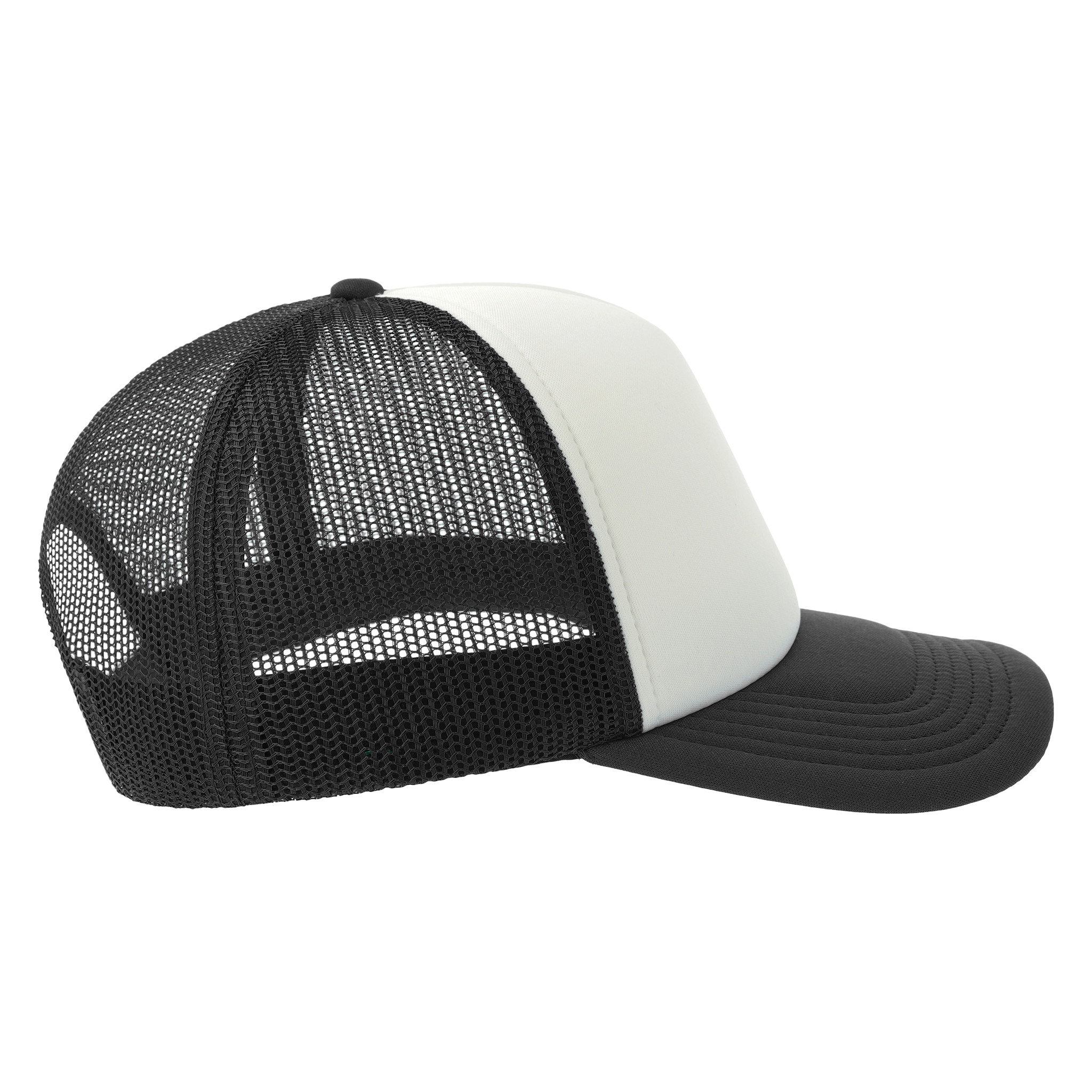 Atlantis Trucker Rapper-S cap shown from side view, featuring a classic trucker style with mesh back and adjustable snap closure.