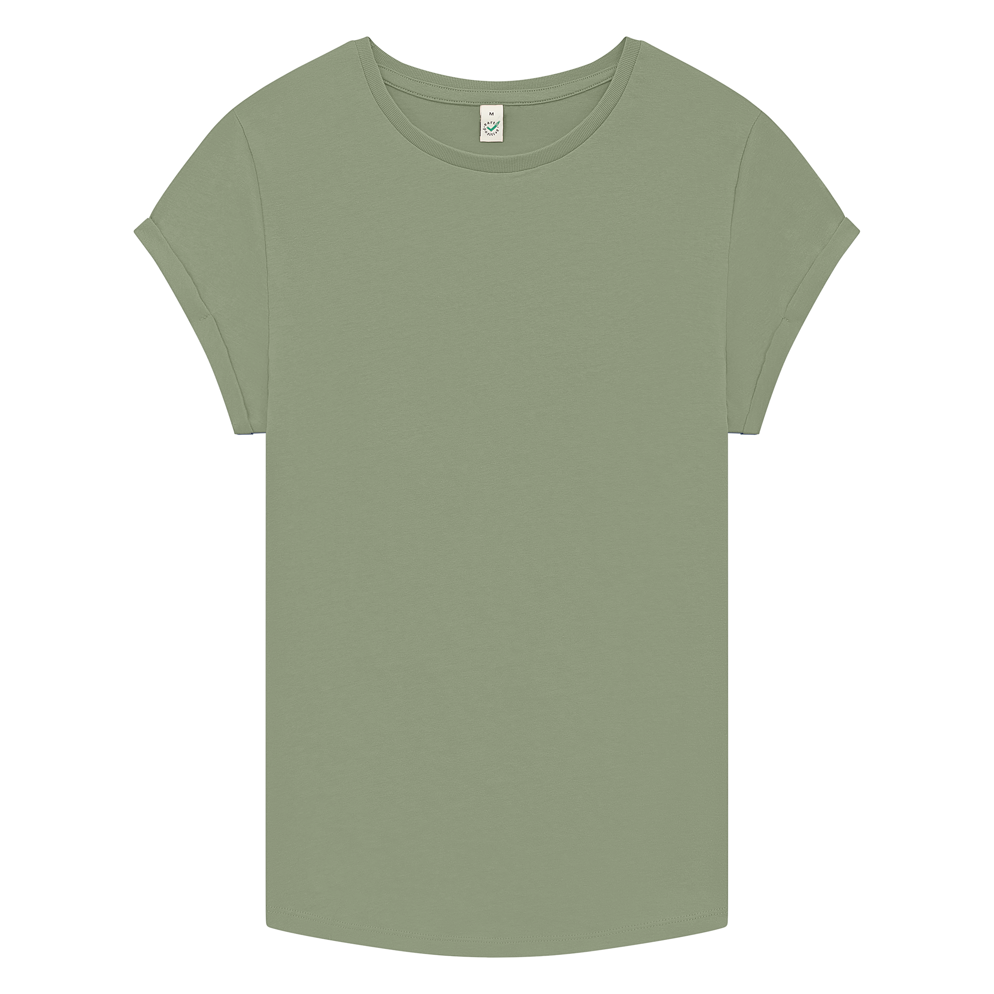 Earth Positive® women's rolled sleeve T-shirt in green, front view showing relaxed fit and casual style.