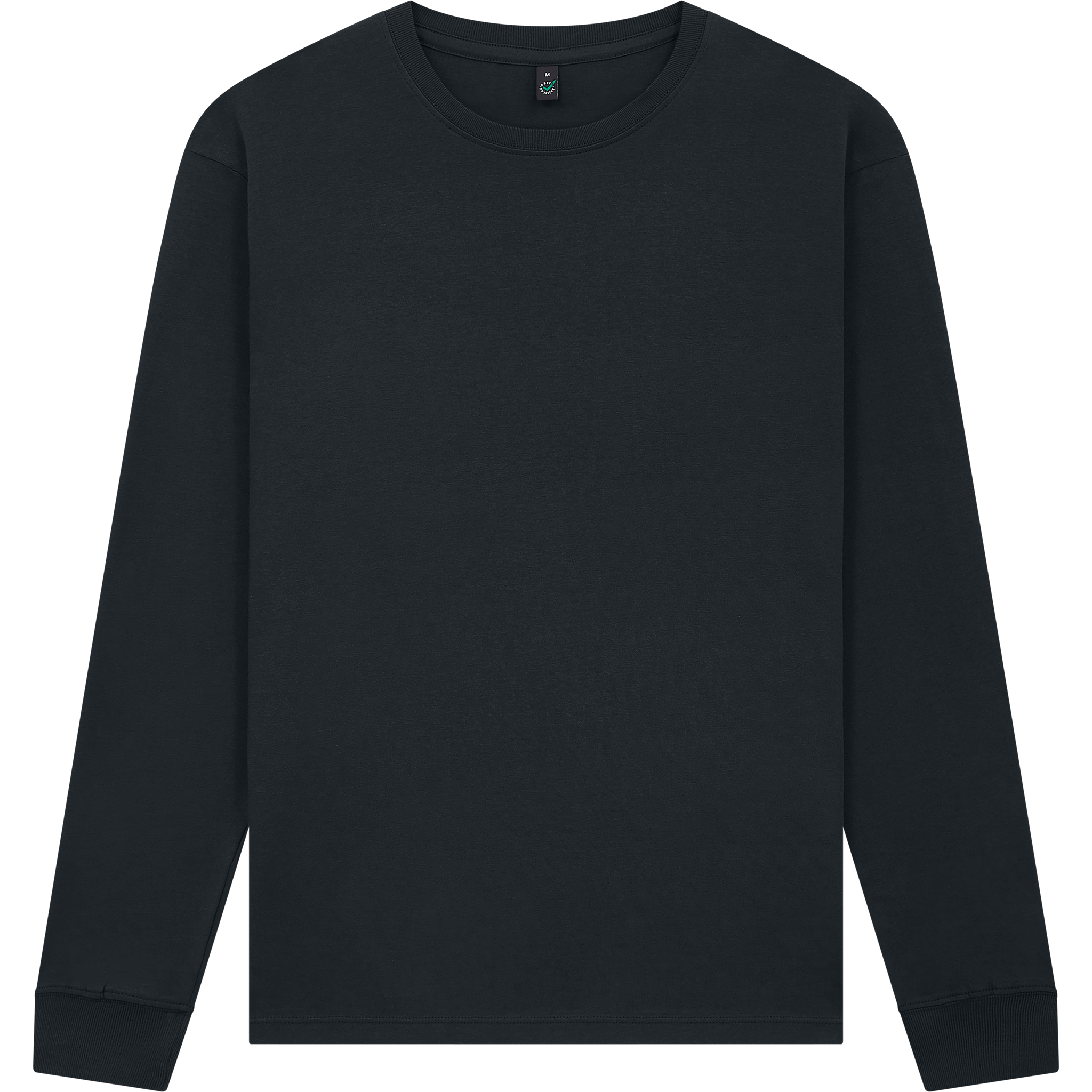 Front view of Earth Positive® EP185L premium long sleeve T-shirt in deep blue, featuring a crew neckline and Earth Positive branding.