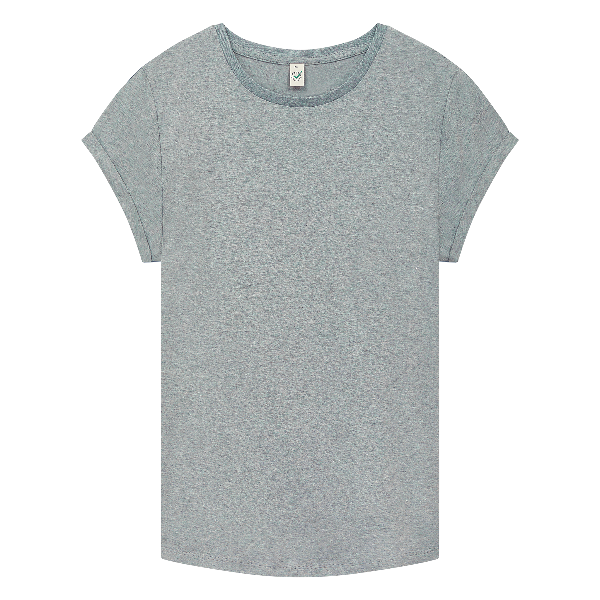 Earth Positive® women's rolled sleeve T-shirt in light heather color, front view showing soft fabric and casual style.