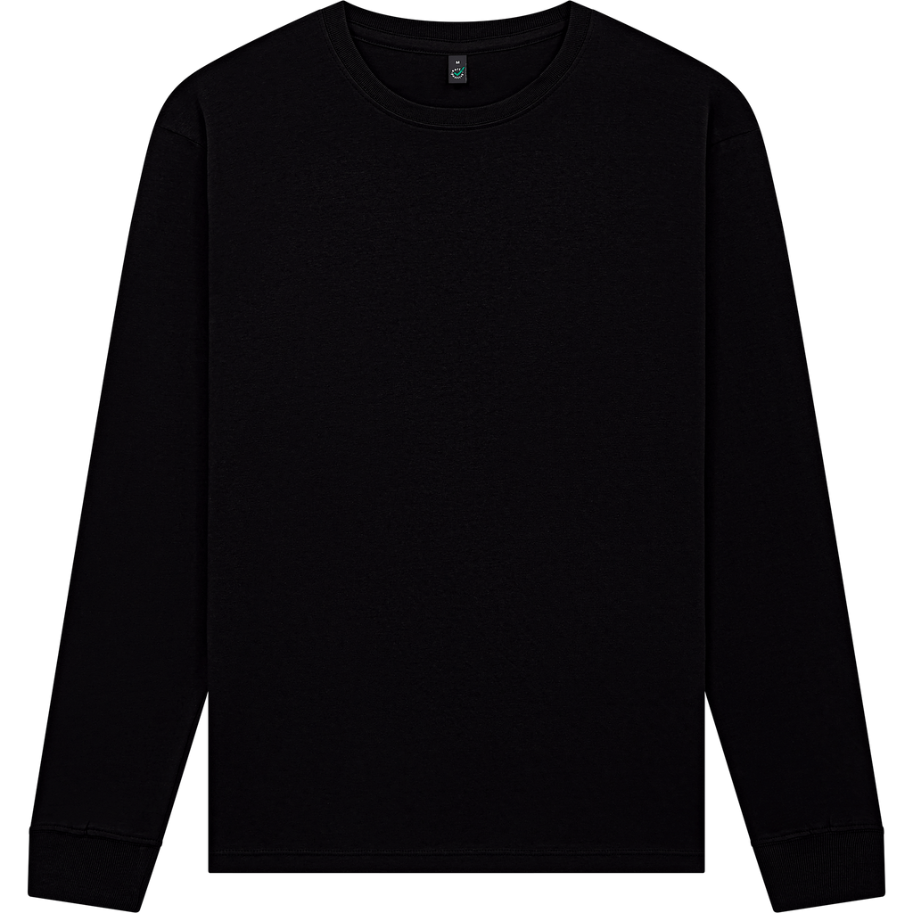 Front view of Earth Positive® EP185L premium long sleeve T-shirt in blue, featuring a classic crew neck and soft fabric.