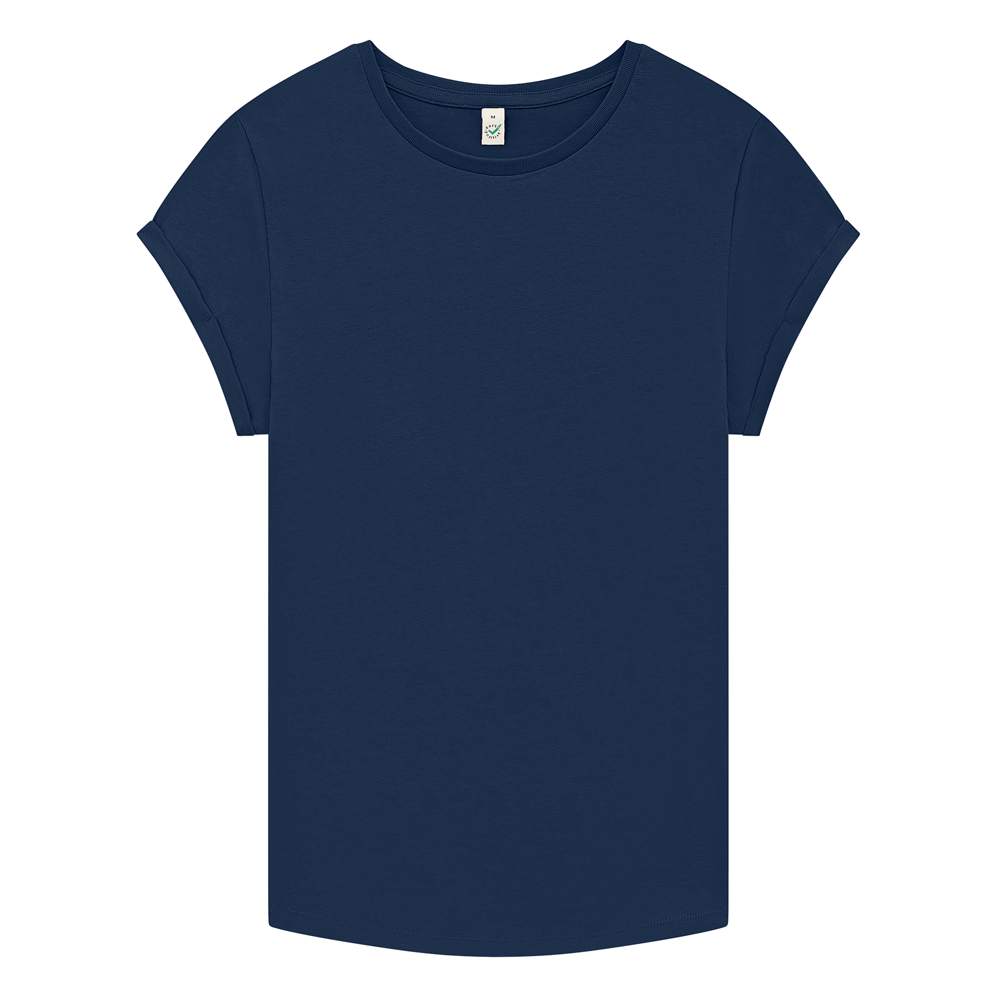 Earth Positive® women's rolled sleeve T-shirt in front view, soft cotton fabric, eco-friendly EP brand, casual style.